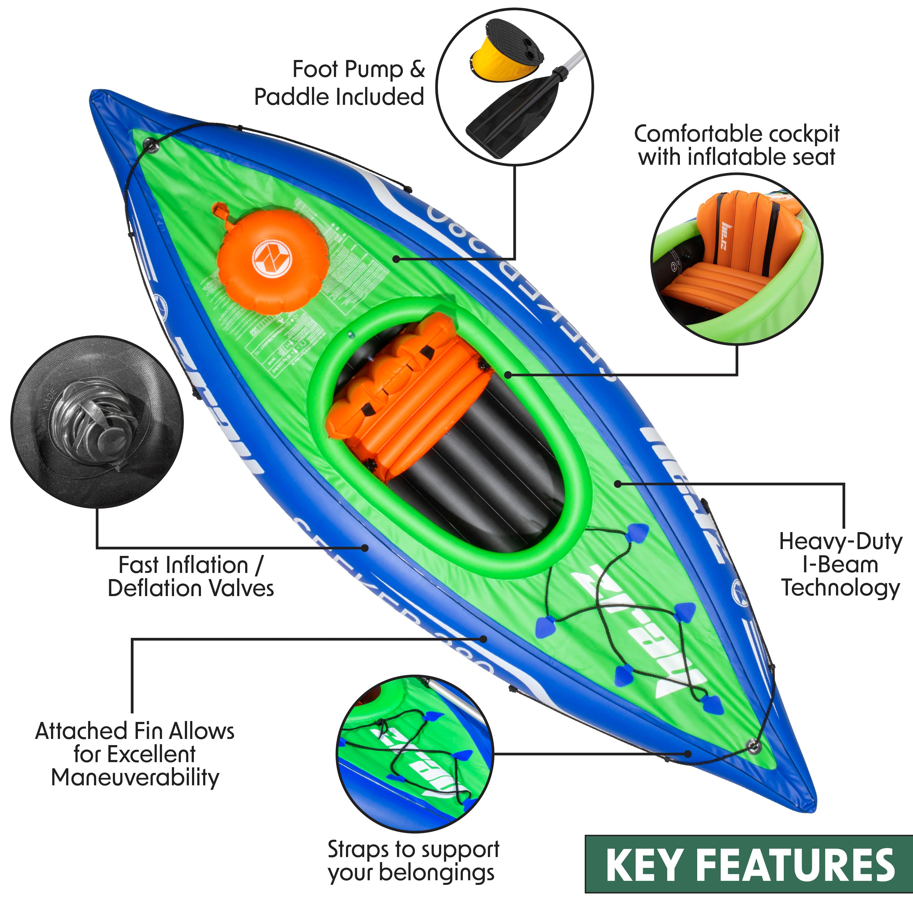 Inflatable One Person Kayak Canoe Set with Pump & Aluminum Paddle - Portable Blue/Green Kayak for Adults - Perfect for Lakes, Rivers & Outdoor Water Adventures (Model DL154)