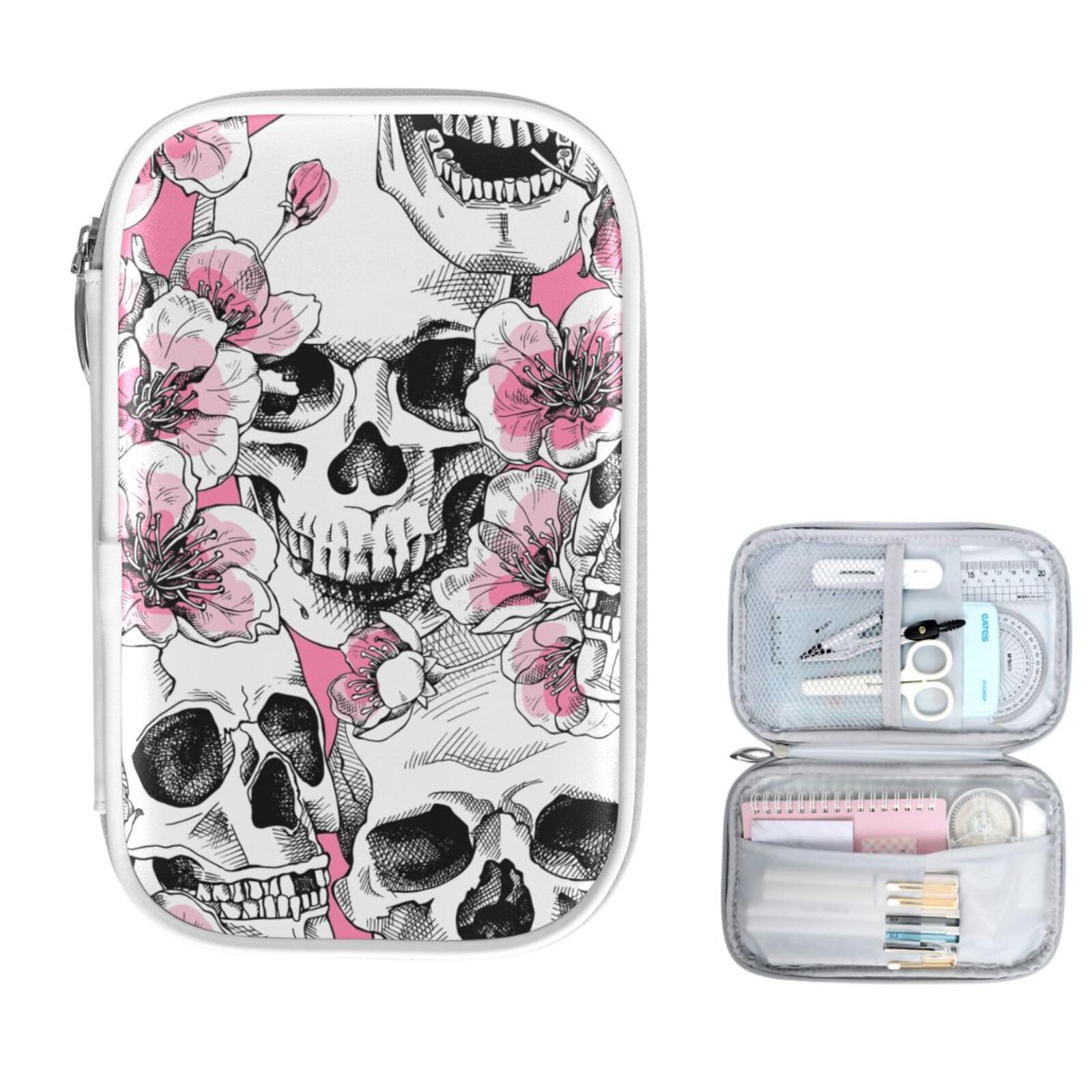 ZZKKO Sugar Skull Cherry Print Zipper Pencil Case - Cute Stationery Organizer for School, Office & Travel - Makeup Bag, Cosmetic Pouch, Pen Holder - Perfect Gift for Students & Professionals