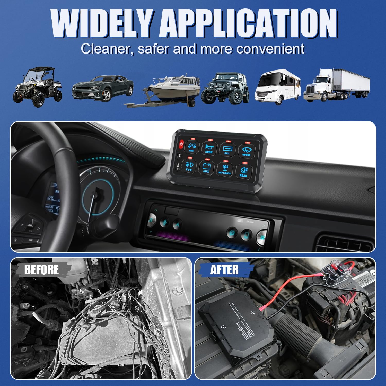 8 Gang Switch Panel with RGB LED & 5-Level Brightness Control - Universal Automotive Relay System for RV, Truck, ATV, UTV, Boat, Marine, SUV - Perfect for Interior Lighting & Accessory Control