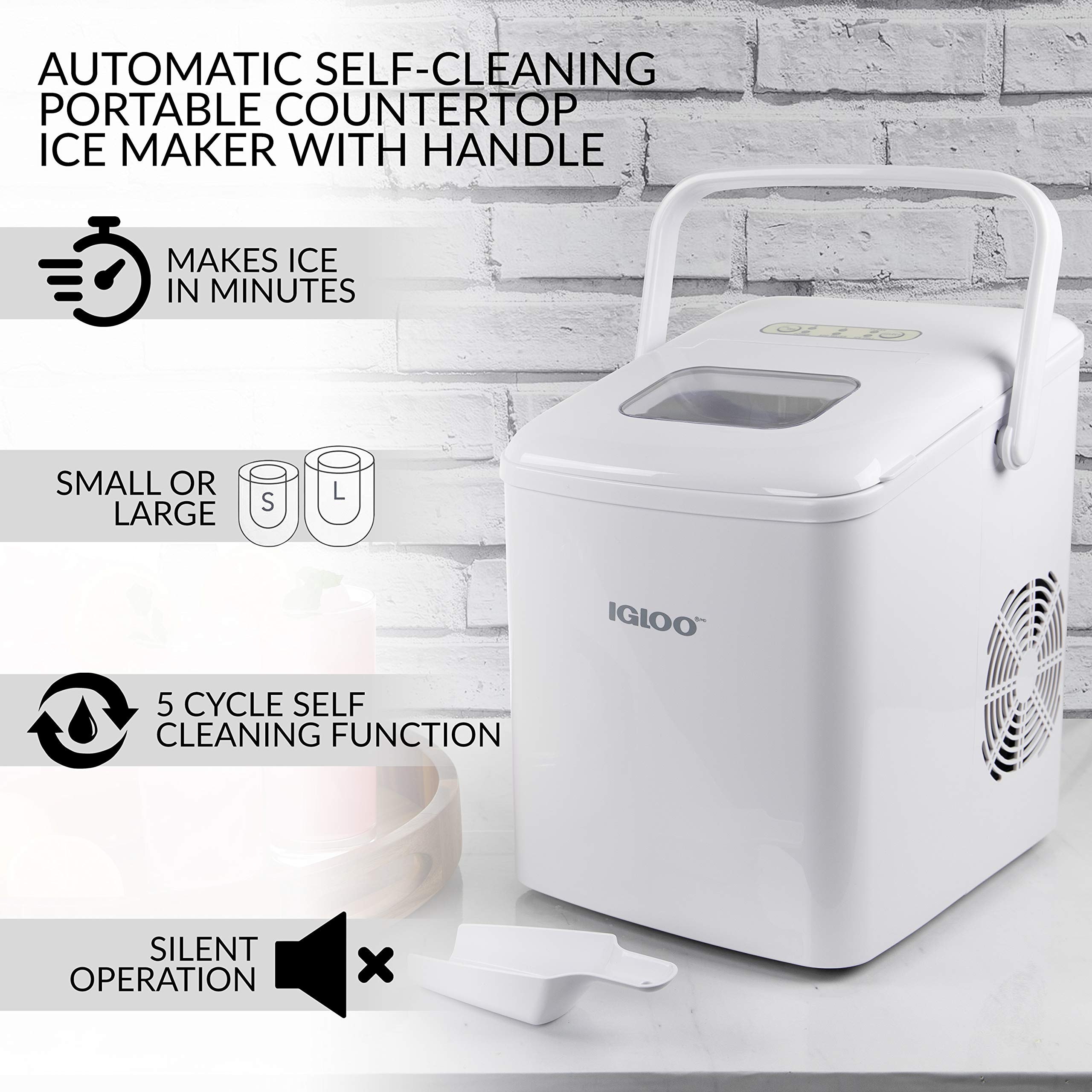 Igloo ICEB26HNWHN Portable Electric Countertop Ice Maker - 26 lbs/24H, 9 Cubes in 7 Mins - Self-Cleaning with Ice Scoop & Basket - White - Perfect for Home, Office, RV, and Outdoor Parties
