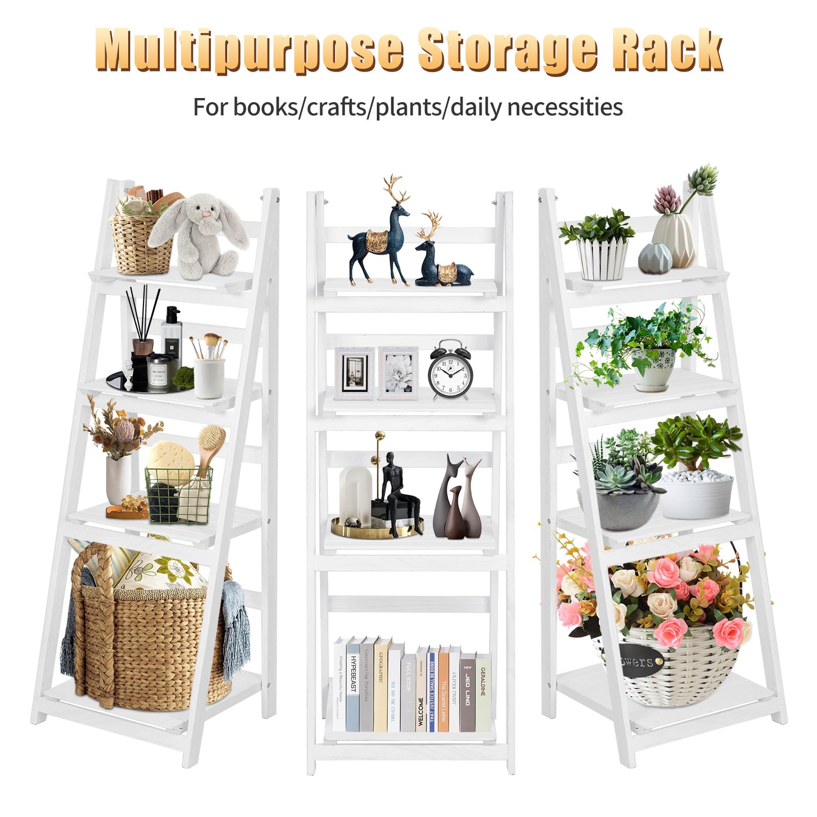 Foldable Wooden Ladder Shelf - 5-Tier Multi-Purpose Storage Organizer for Plants, Books & Home Decor | Indoor/Outdoor Use in Living Room, Office, Balcony, Patio & Garden (White)