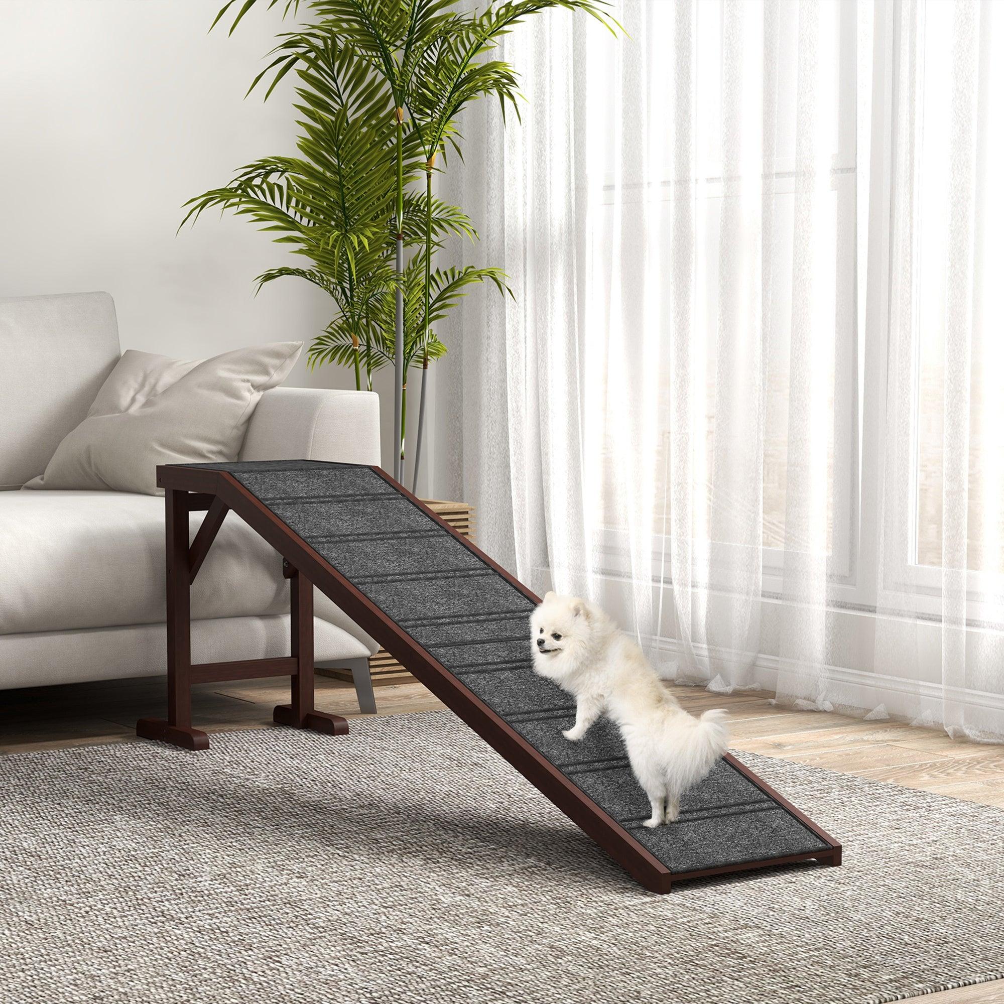 Non-Slip Dog Ramp for High Beds - 74 Inch Pet Stairs with Carpeted Top Platform (16x25 Inches, Brown) - Perfect for Small, Elderly & Injured Dogs to Safely Access Furniture