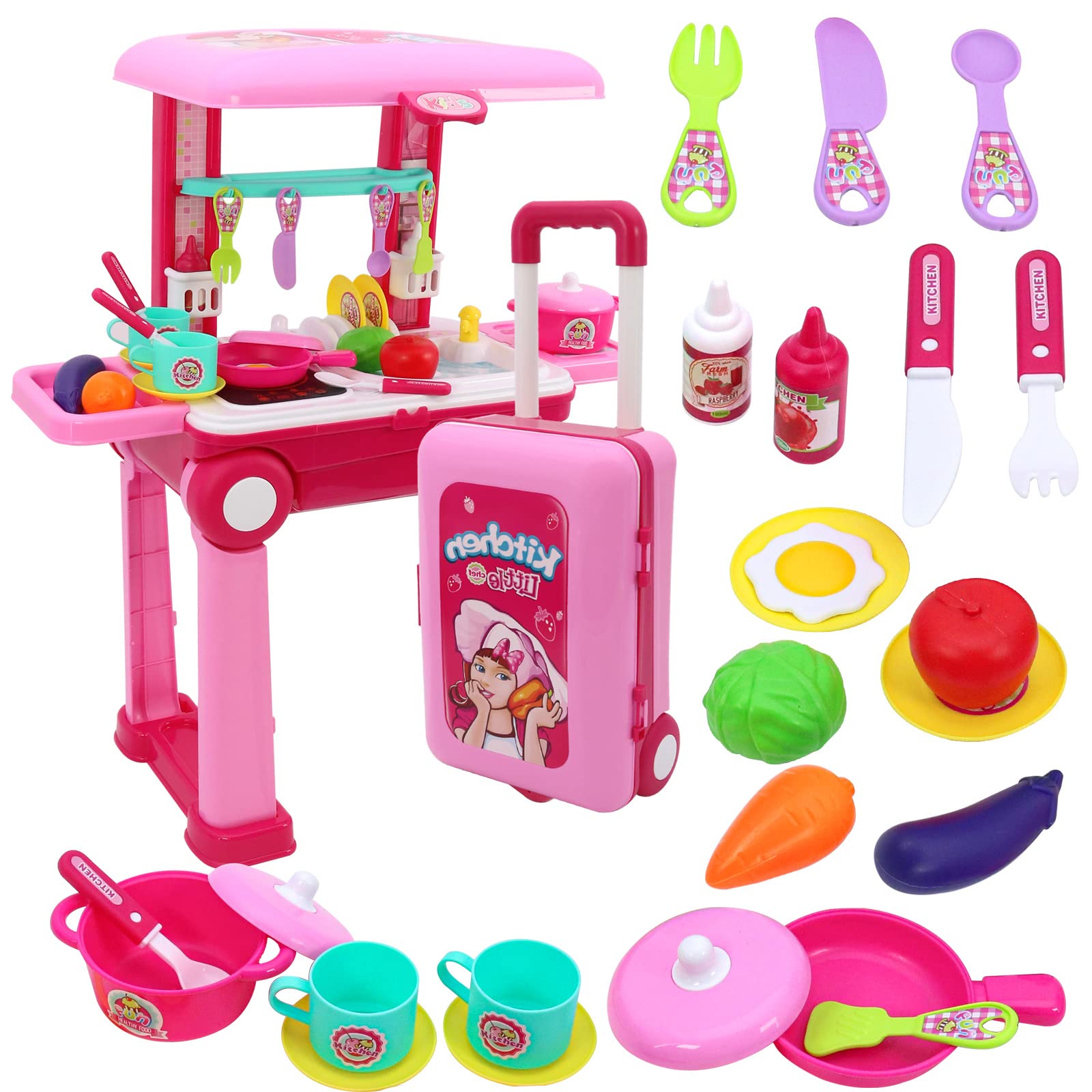 2-in-1 Kids Travel Suitcase & Play Kitchen Set - Convertible Luggage with Pretend Cooking Utensils & Food Toys - Best Educational Gift for Boys & Girls Ages 3-6 - Perfect for Travel, Home Play & Preschool Learning Activities (ABS Plastic)
