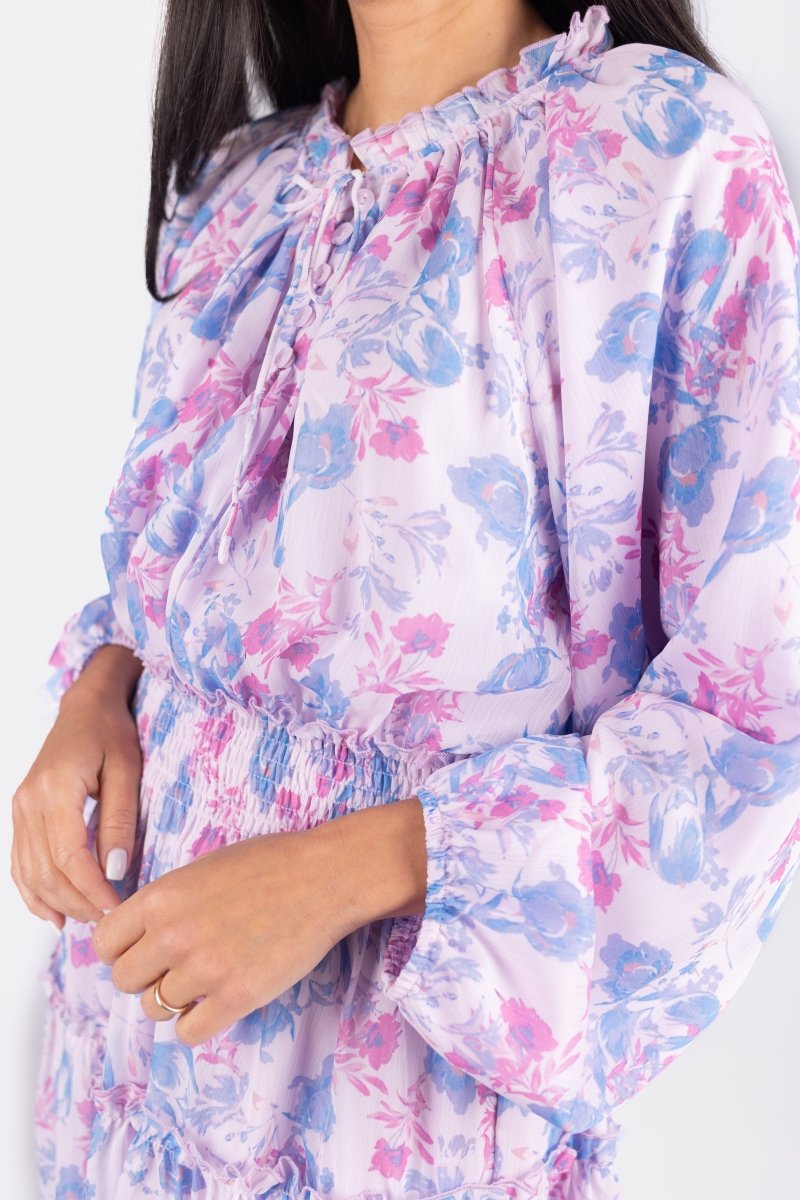 ROSALINA Women's Dress Size 36 - Blue & Pink Floral Print Summer Casual Dress for Beach, Party & Vacation Wear
