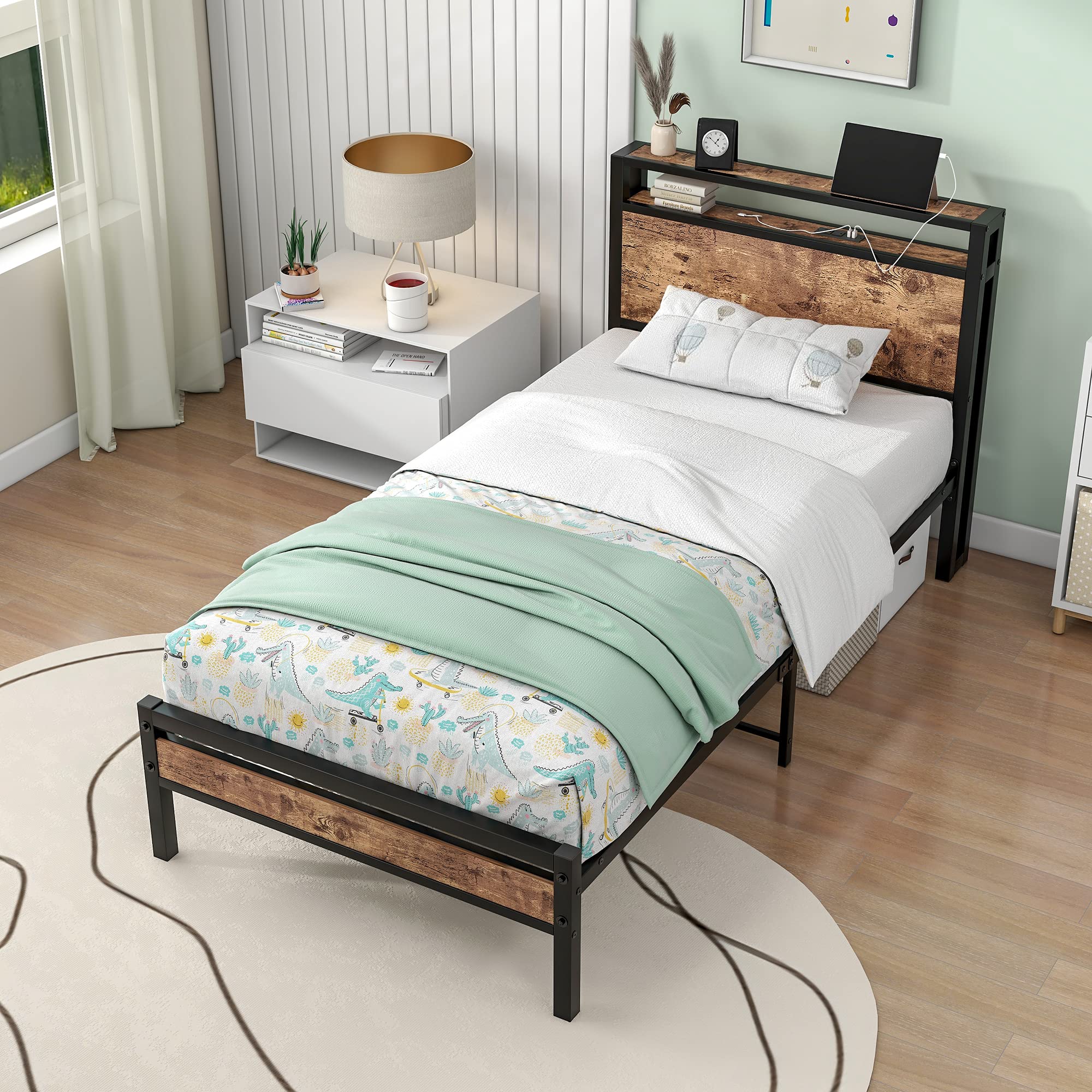 BOFENG Twin Size Metal Bed Frame with Storage Headboard & USB Charging - Heavy Duty Platform Bed with Steel Slats, No Box Spring Needed - Easy Assembly Brown Bed Base for Small Spaces, Dorms & Guest Rooms