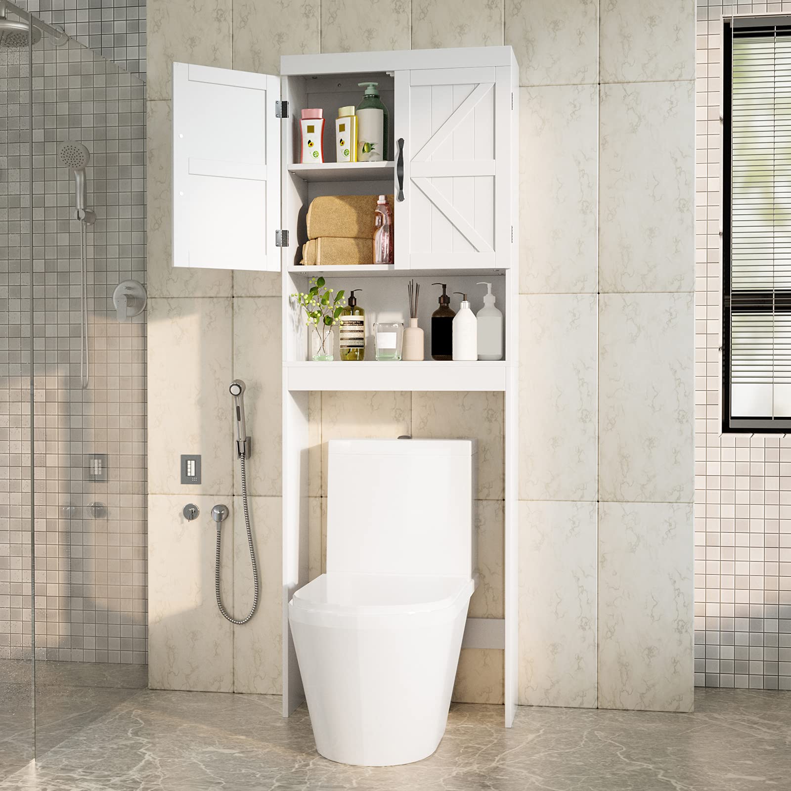 SRIWATANA Over The Toilet Storage Cabinet - White Bathroom Space Saver with Adjustable Shelves, 2-Door Organizer for Toilet Paper & Bath Essentials - Perfect for Small Bathrooms & Apartment Living