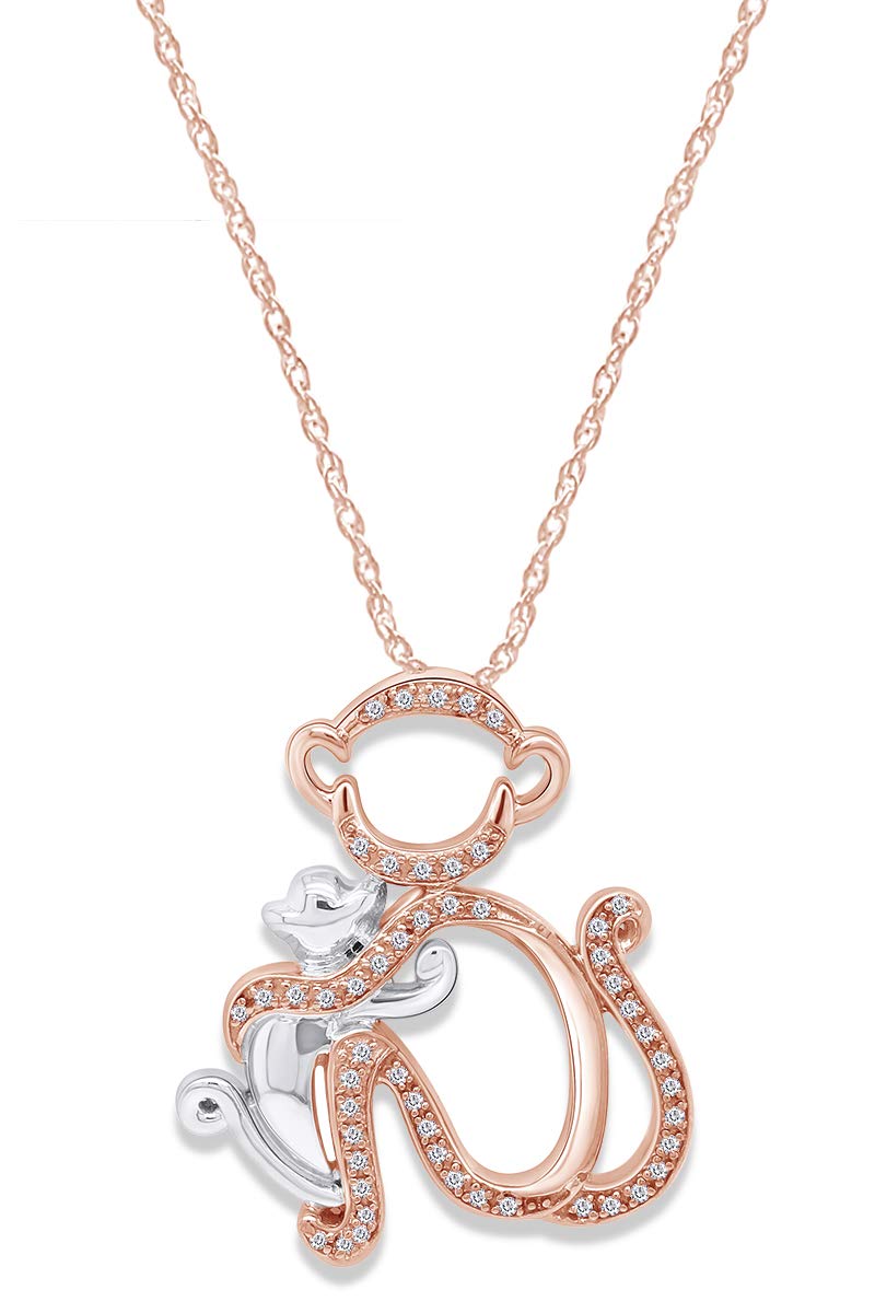 0.12 Carat Natural Diamond Monkey Pendant Necklace - Mother & Child Two-Tone 14K Gold Over Sterling Silver Jewelry | Perfect Mother's Day Gift, Birthday Present & Special Occasion Keepsake