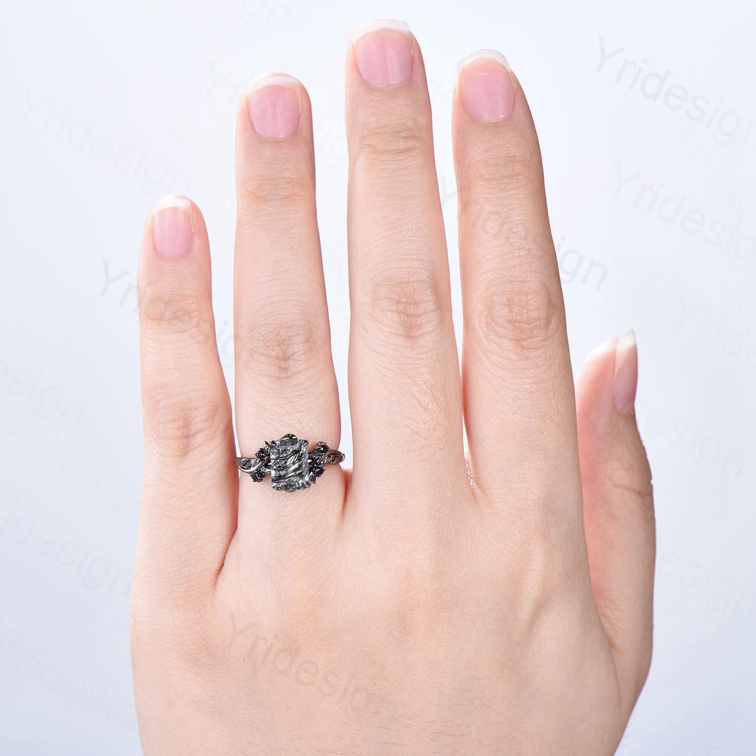 Black Gold Rutilated Quartz Engagement Ring - Emerald Cut Twig Vine Design with Spinel Cluster, Elegant Promise Gift for Her, Perfect for Weddings, Anniversaries & Special Occasions