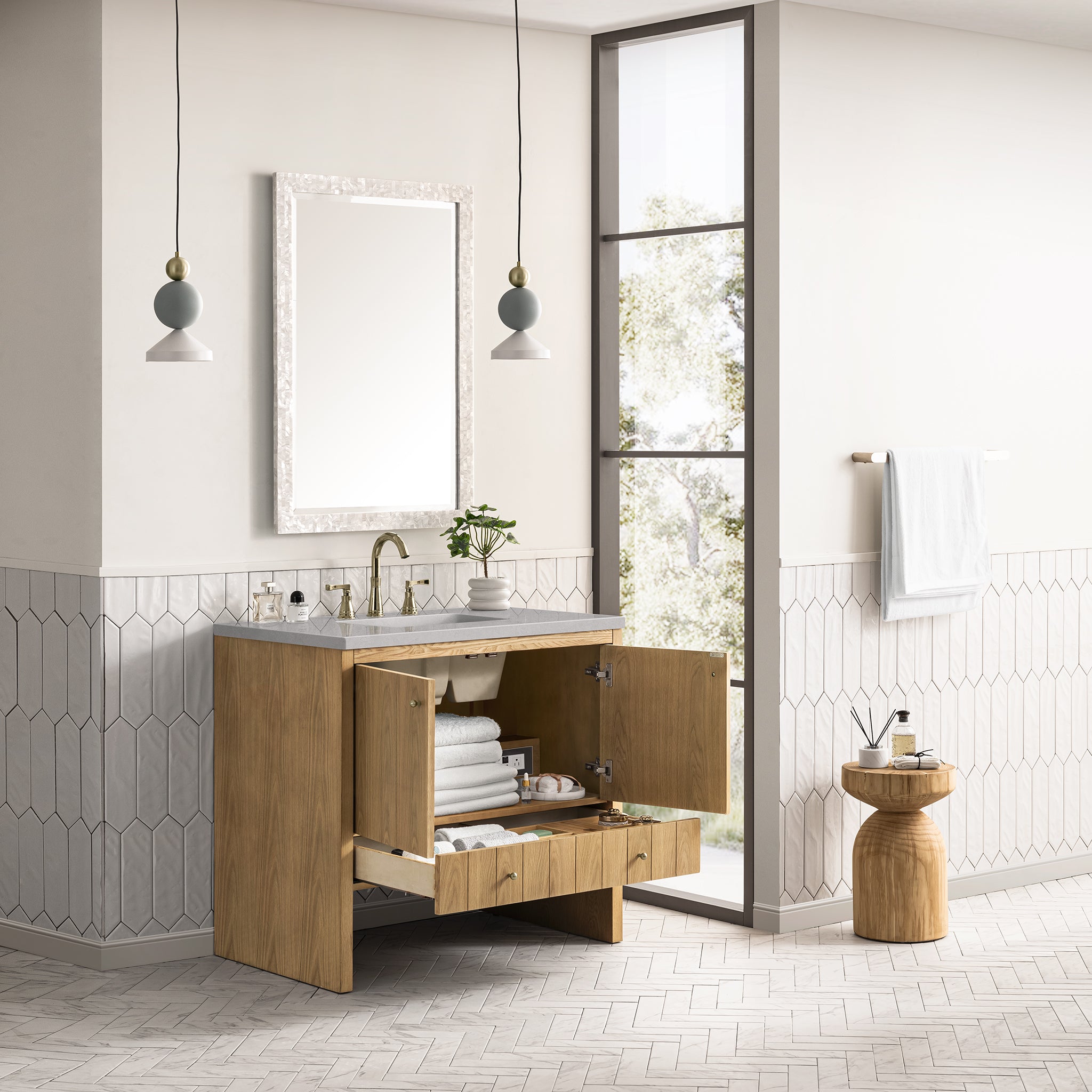 36-Inch Hudson Single Bathroom Vanity in Light Natural Oak with 3CM Eternal Serena Top - Perfect for Modern Home Bathroom Renovation