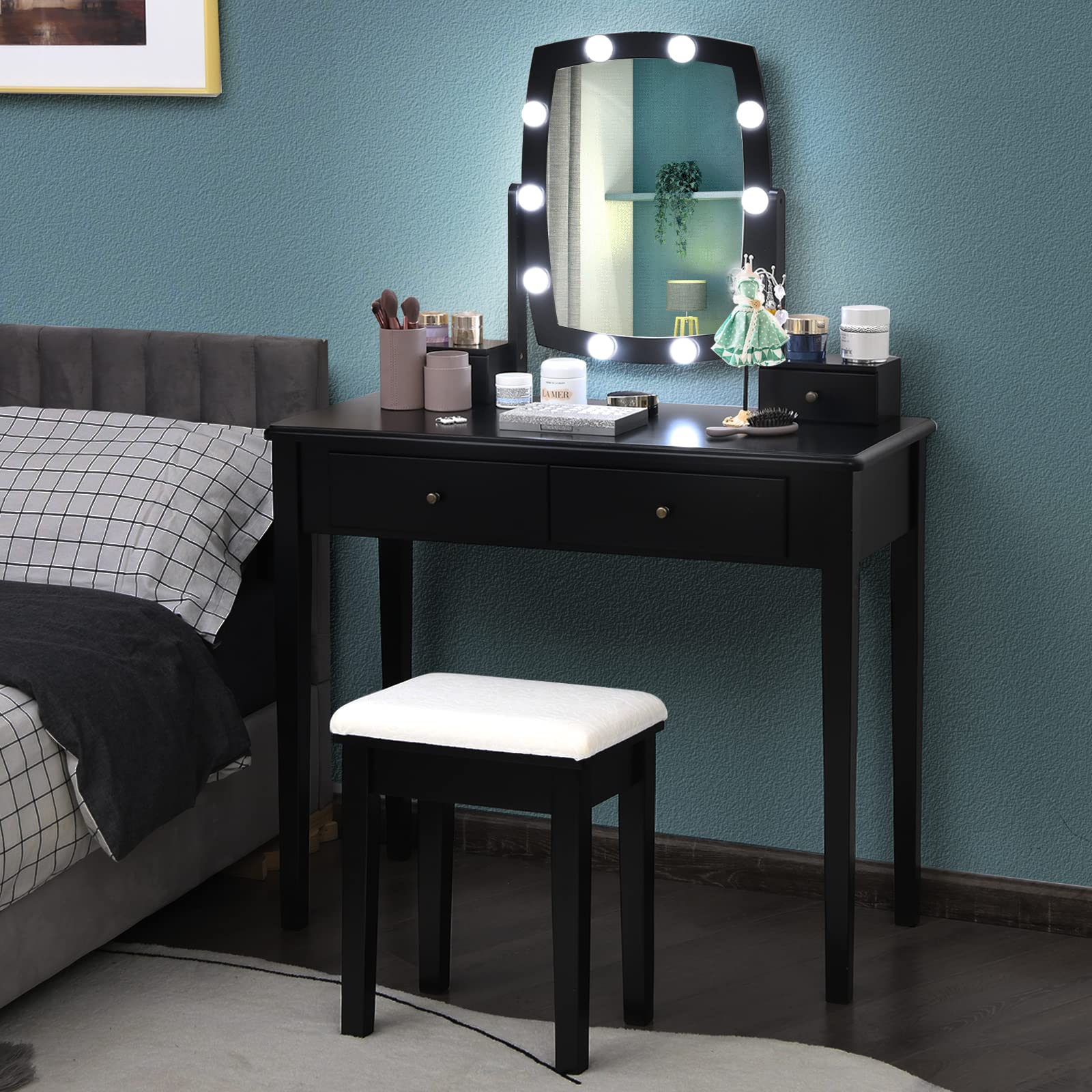 Charmaid Girls Makeup Vanity Desk with LED Mirror Lights - 10 Bulbs, 3 Lighting Modes, 4 Storage Drawers & Stool - Modern Dressing Table for Bedroom, Teen Room & Beauty Salon (Black)