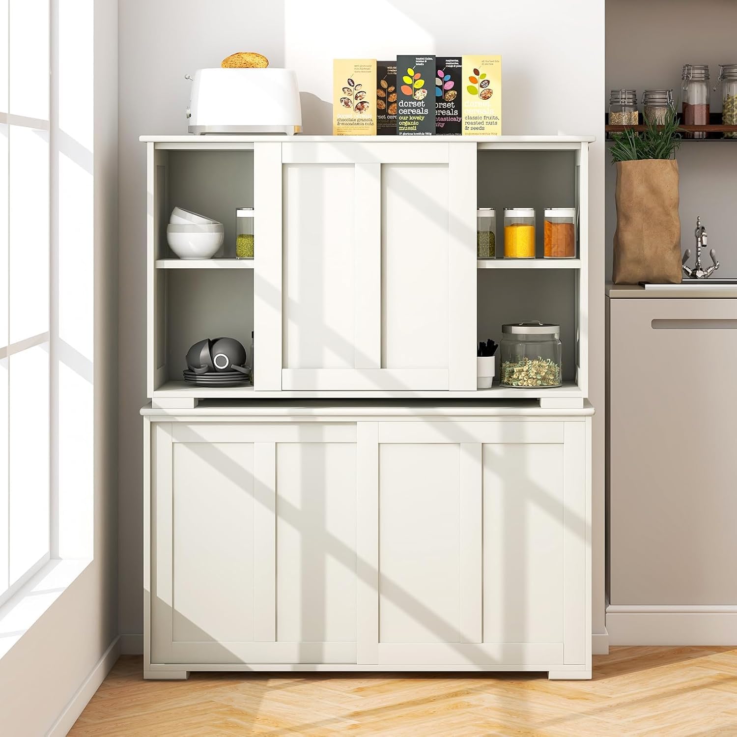GLACER Buffet Cabinet with Adjustable Shelves & 2 Sliding Doors - Stackable Kitchen Storage Cabinet, Coffee Bar Console, Sideboard for Dining Room, Living Room, Entryway & Hallway - Perfect for Home Organization & Entertaining (White)