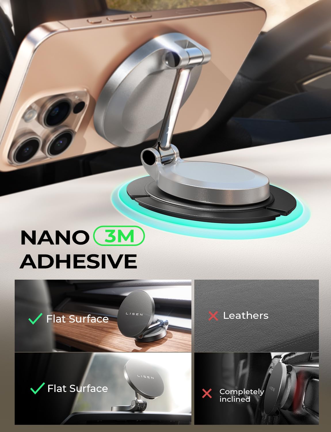 LISEN 360° Rotating Magsafe Car Mount Charger - Wireless Car Phone Holder with Fast Charging for iPhone 16/15/14/13/12 Pro Max/Plus/Mini - Foldable Dashboard Mount for Safe Driving & Hands-Free Navigation