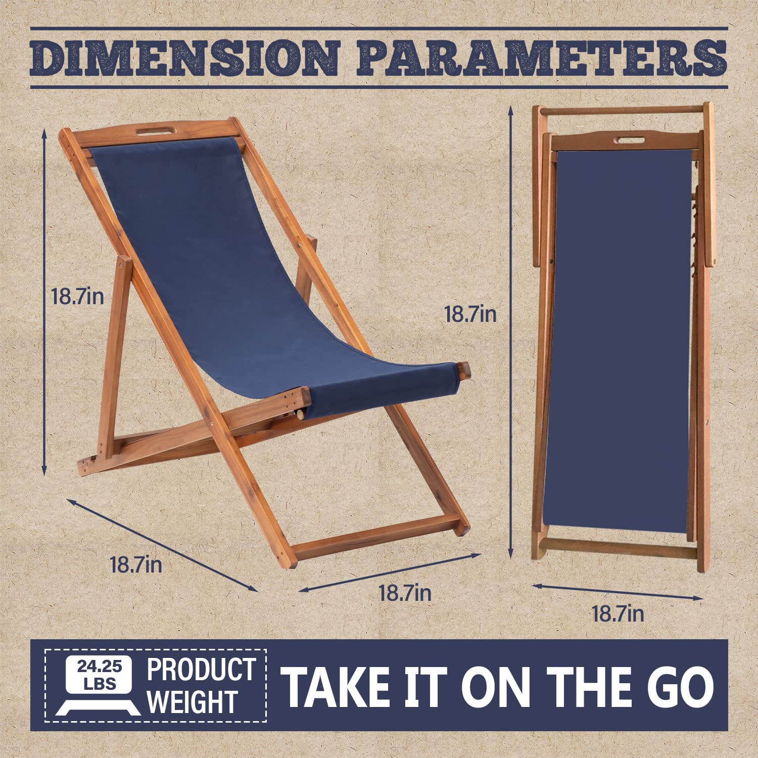 2-Piece Outdoor Wooden Patio Lounge Chair Set - Portable Reclining Beach Chairs with Solid Wood Frame & White Polyester Canvas - 3 Adjustable Positions, Blue - Perfect for Backyard, Poolside, and Beach Relaxation