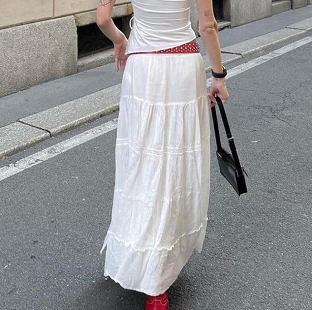 Y2K Women's Lace Long Skirt - Low Waist Pleated A-Line Maxi Skirt with Tiered Boho Design | Flowy Swing Skirt for Beach, Festival & Summer Outfits