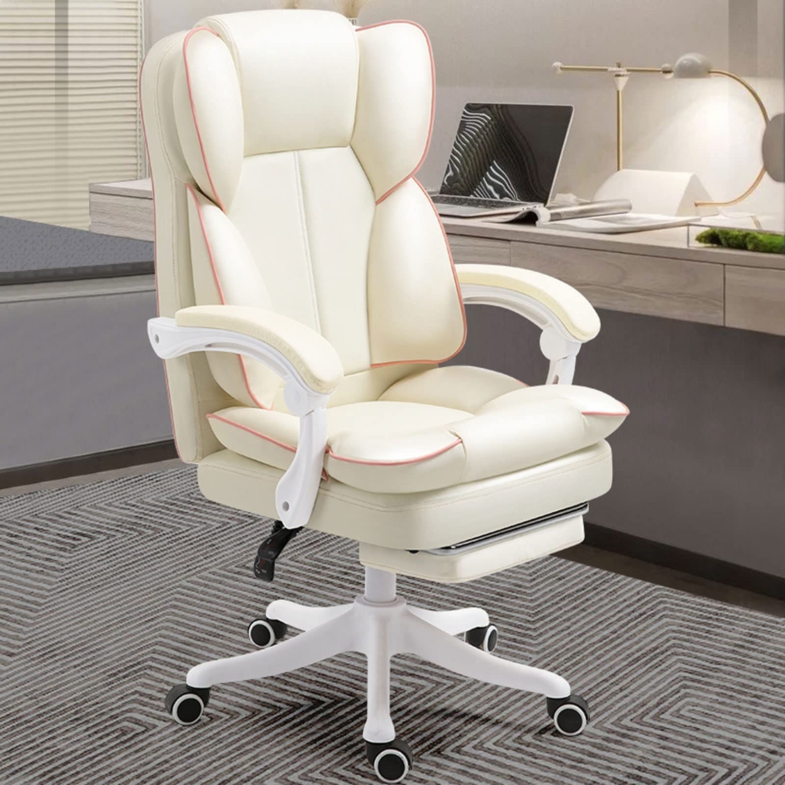 Ergonomic Executive Office Chair with Footrest - PU Leather Computer Desk Chair with Double-Layer Thickened Headrest & Padding - Comfortable Reclining Boss Chair for Home & Office (Beige) - Perfect for Long Work Hours, Gaming & Remote Work