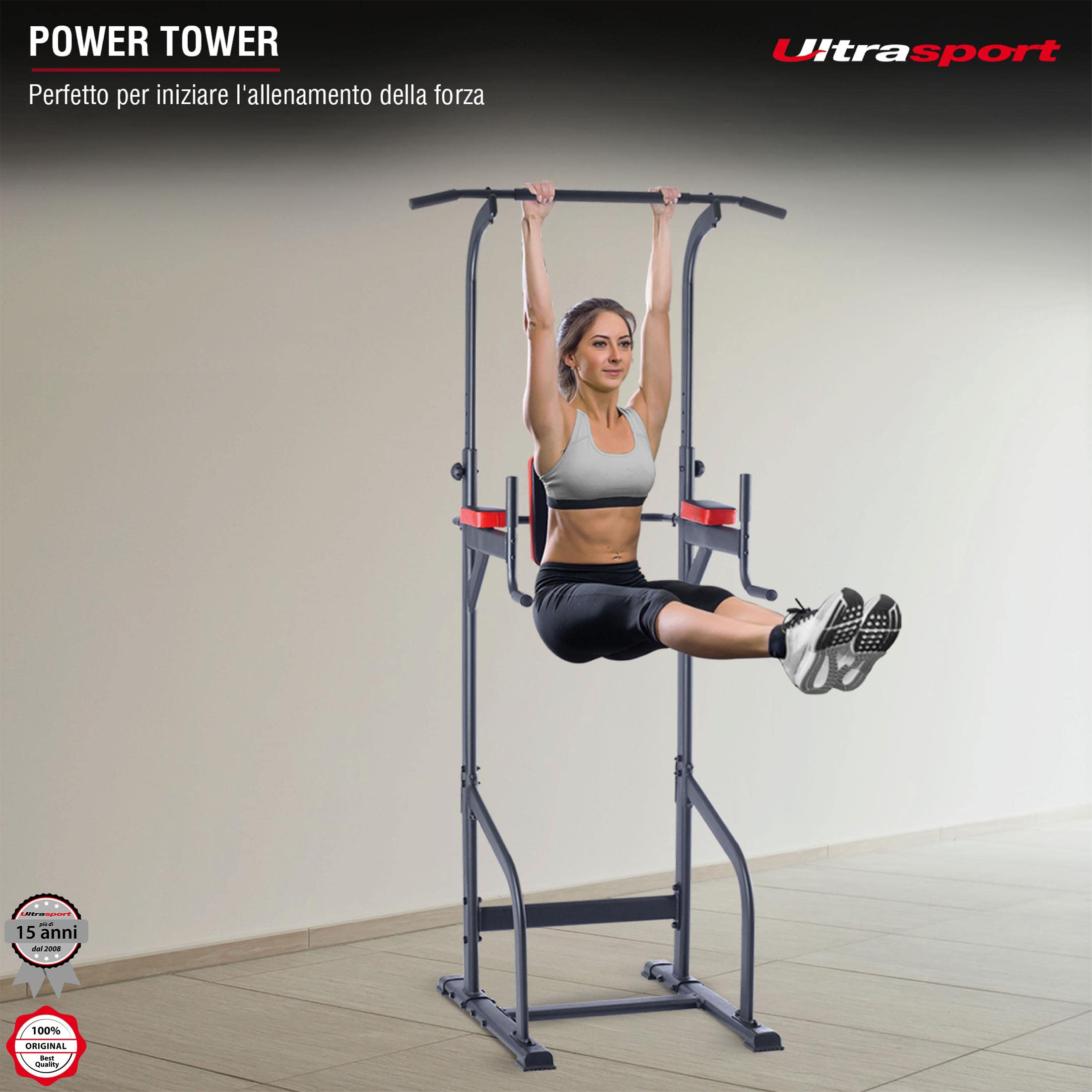 UltraSport Adjustable Power Tower for Pull-Ups & Dips - Heavy Duty Home Gym Equipment (150kg Weight Capacity) - Perfect for Strength Training & Bodyweight Exercises at Home