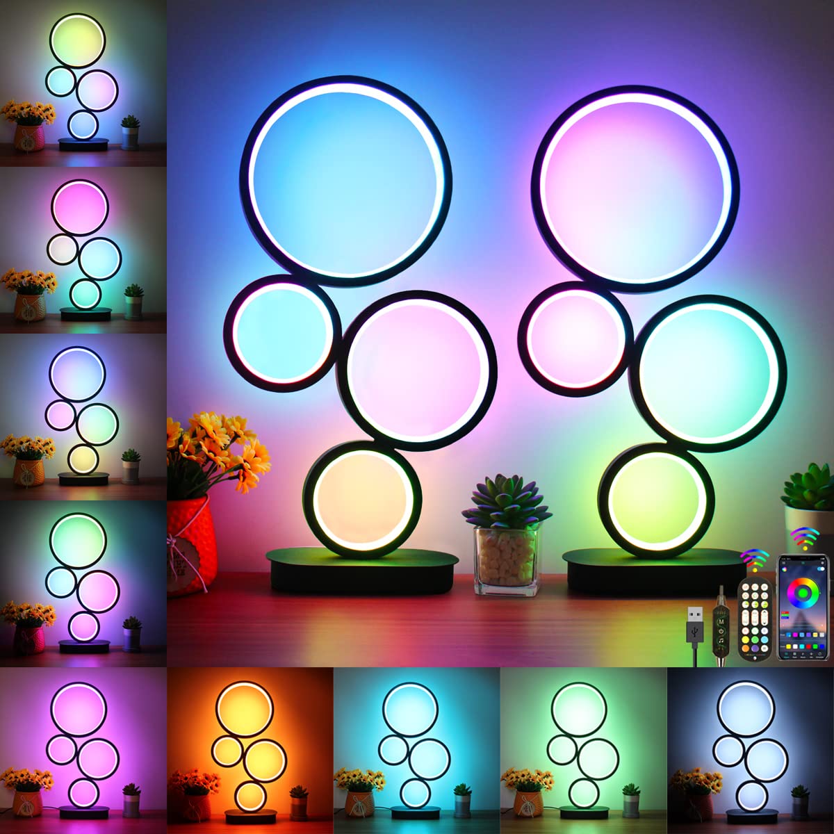LENIVER RGB Table Lamp Set of 2 - Smart Dimmable Bedside Lamps with APP & Remote Control, USB Charger, Music Sync - Modern Ambient Lighting for Bedroom, Living Room, Gaming Room & Office Decor - Black