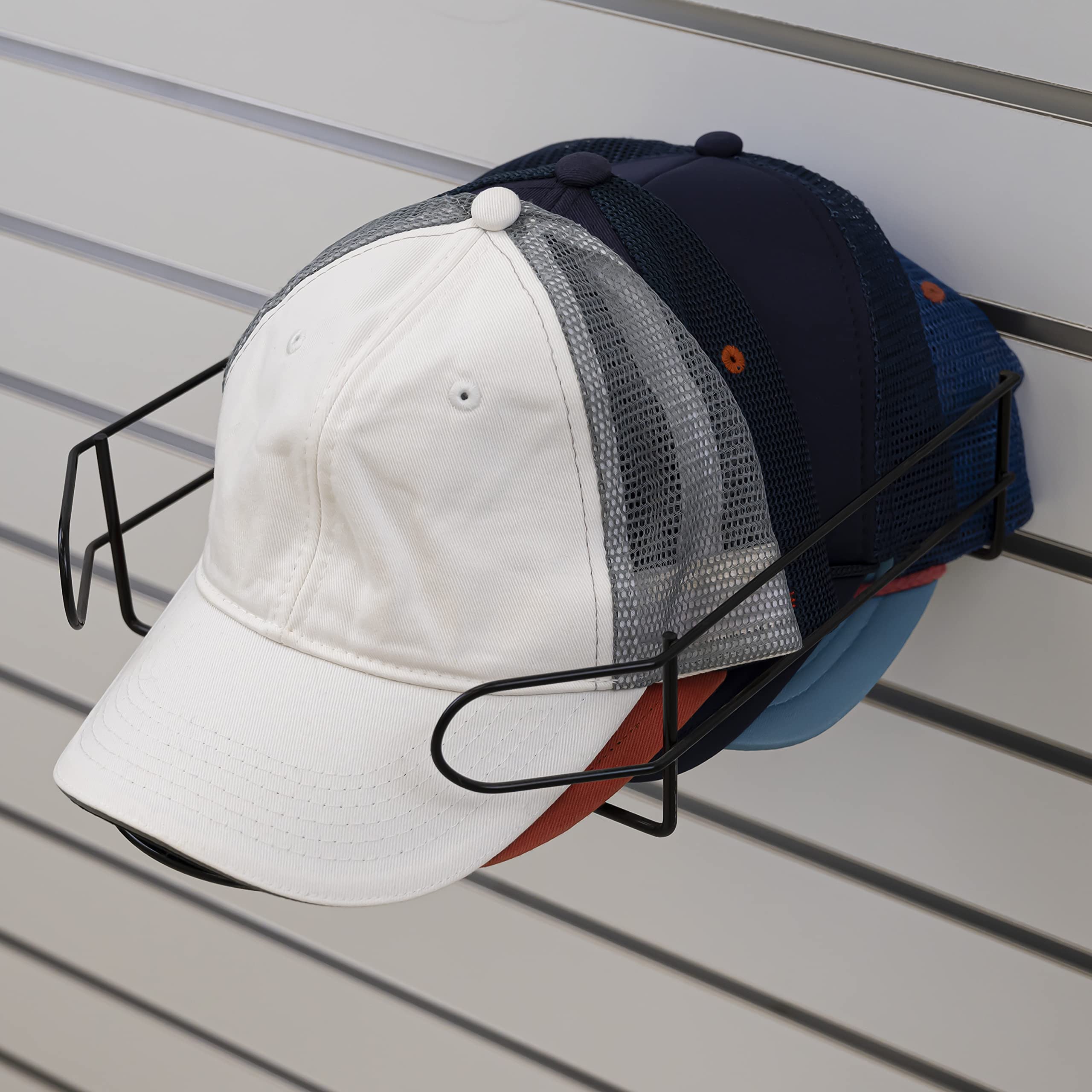 Black/Chrome/White Slatwall Cap Display Rack - 4 Pack Hat Organizer for Fitted Hats, Snapbacks & Baseball Caps - Perfect for Retail Stores, Boutiques & Hat Shops Display