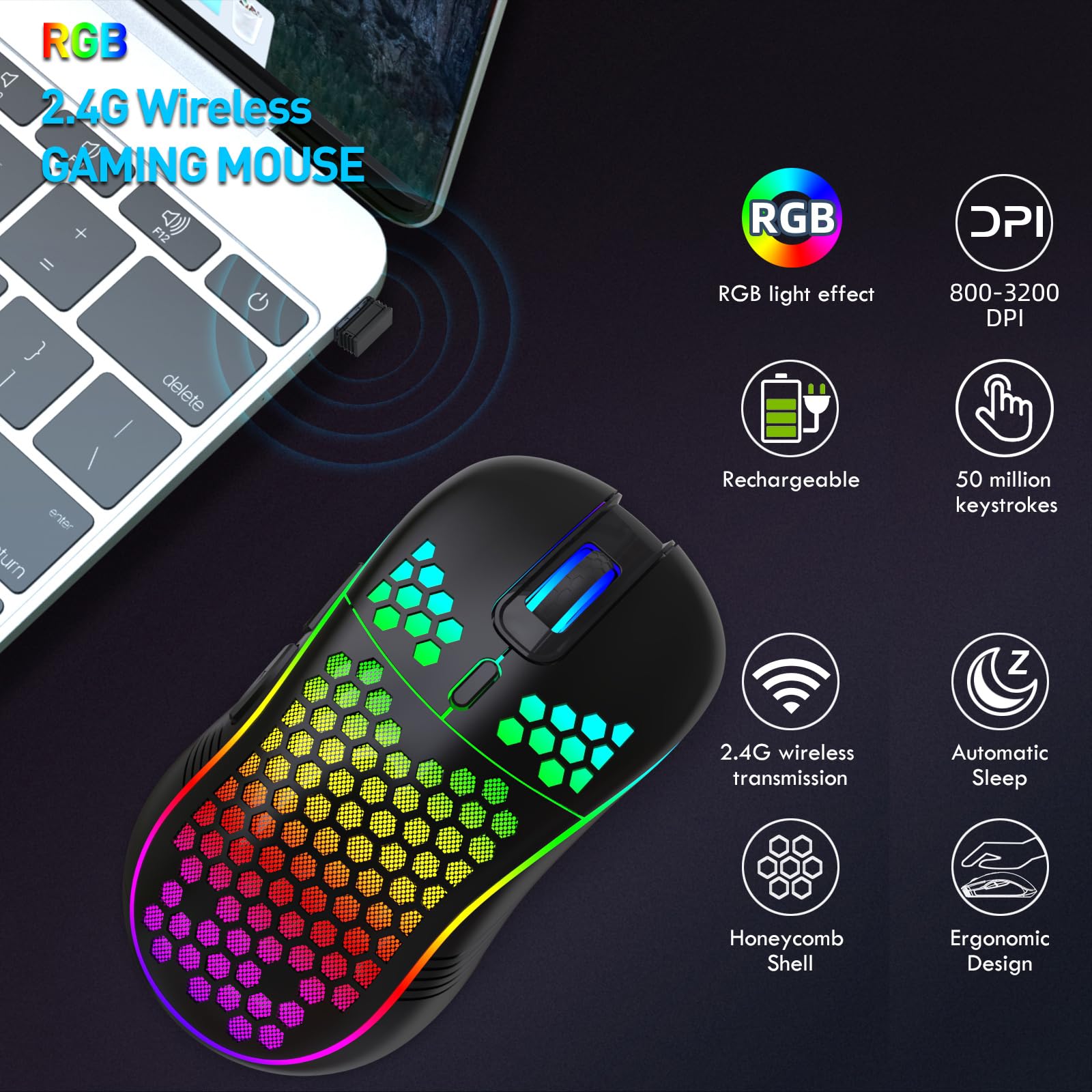 Wireless Gaming Mouse - Rechargeable Ergonomic Honeycomb Design with RGB Backlight, 7 Programmable Buttons, Adjustable DPI (1600-10000), USB Receiver for PC, Mac, Laptop - Perfect for FPS, MOBA Games & Office Work