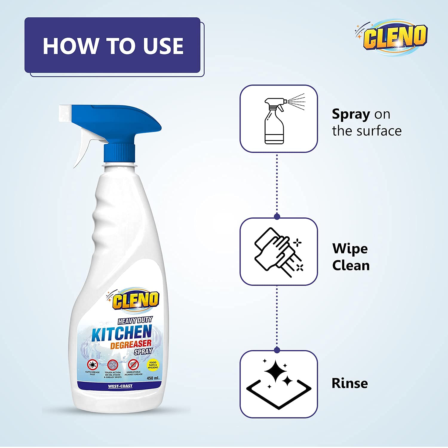 Cleno Heavy Duty Kitchen Degreaser Spray - Powerful Oil & Grease Remover for Stoves, Grills, Ovens, Exhaust Fans & Kitchen Surfaces (450ml) | Ideal for Deep Cleaning Chimneys, Countertops & Food Stains