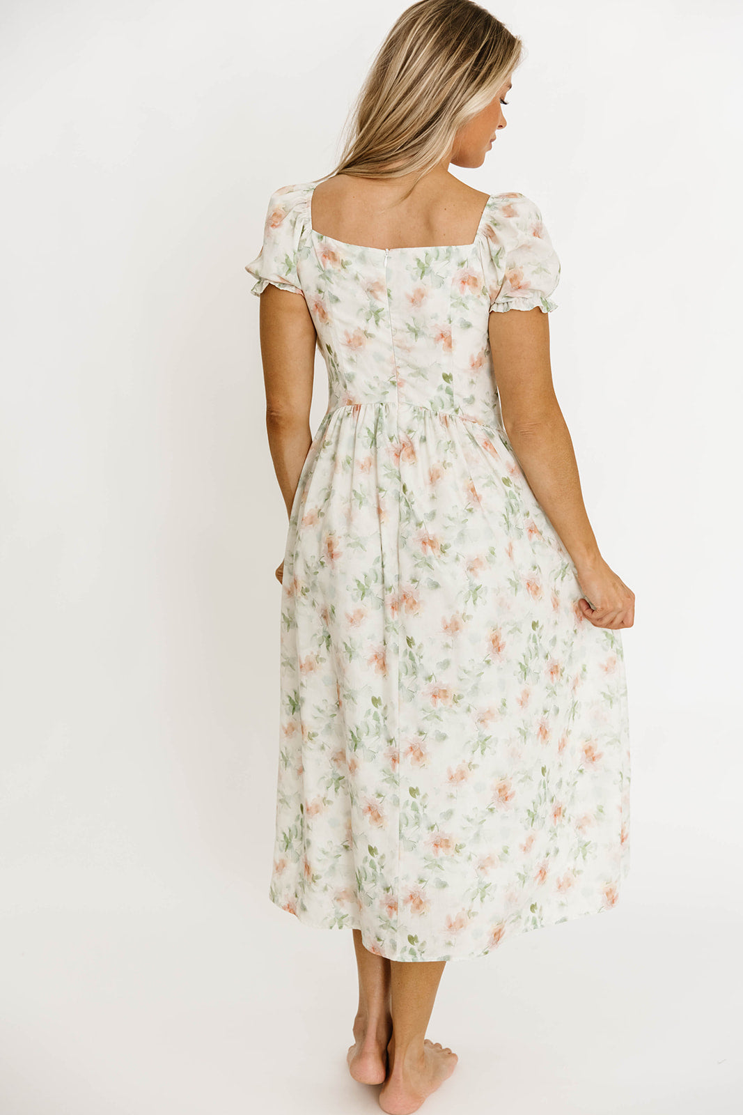 Azalea Ruched Puff Sleeve Midi Dress - Ivory Floral Print Summer Dress for Women, Perfect for Weddings, Parties & Date Nights