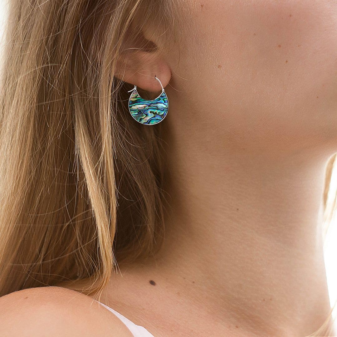 **925 Sterling Silver Genuine Abalone Shell Hoop Earrings - Handmade Boho Dangling Earrings for Women - Natural Abalone Bali Jewelry, Perfect for Birthday Gifts & Boho Fashion Accessories**    *(Use Case: Ideal for casual outings, beach vacations, boho-chic styling, and special occasions like birthdays or anniversaries.)*