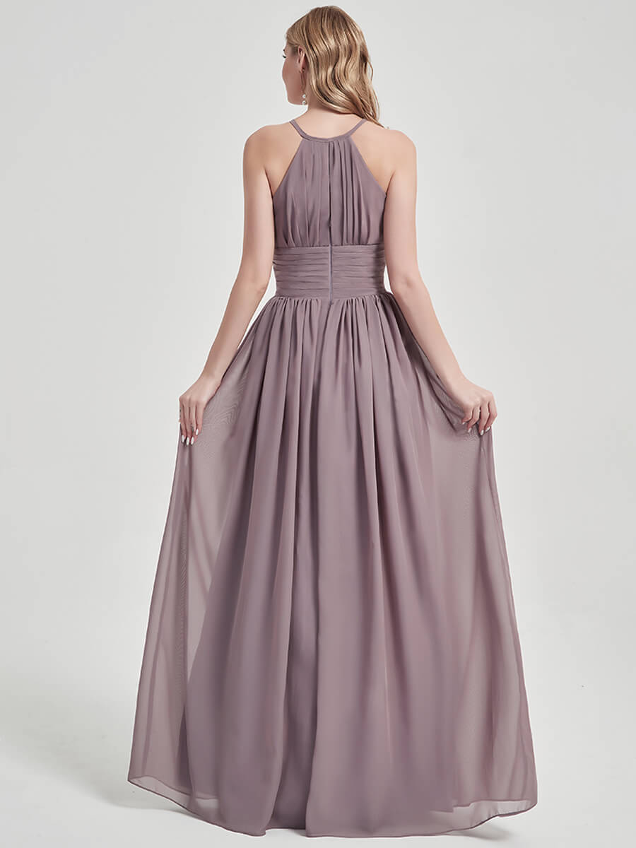 Elegant Dusk Pleated Halter Neck Sleeveless A-Line Chiffon Bridesmaid Dress for Weddings & Formal Events - Perfect for Summer Beach Weddings, Evening Parties & Special Occasions