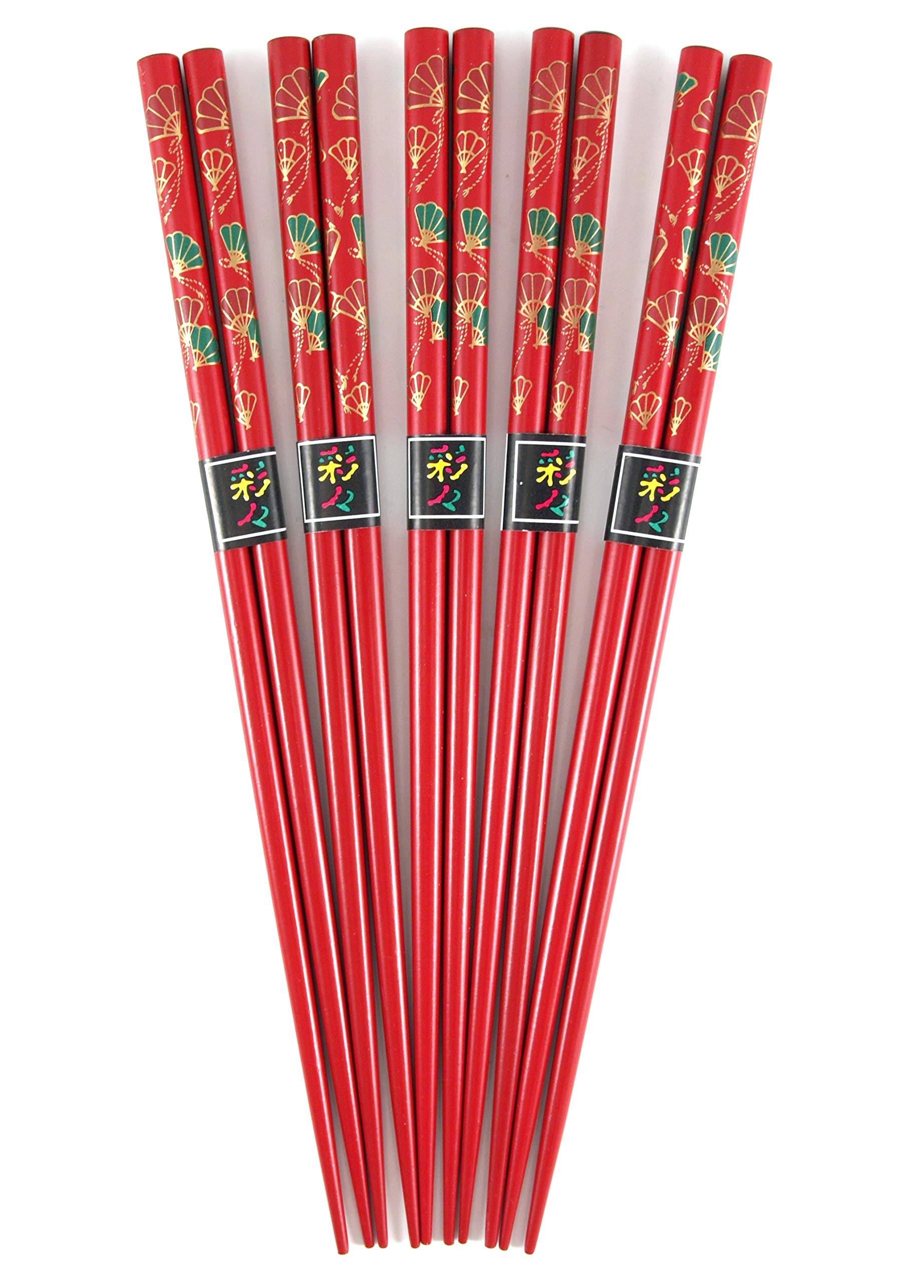 Premium Red Asian Fan Bamboo Design Wooden Chopsticks - 5 Pairs Set for Sushi, Ramen, Chinese & Japanese Cuisine - Elegant Dining & Home Decor Gift