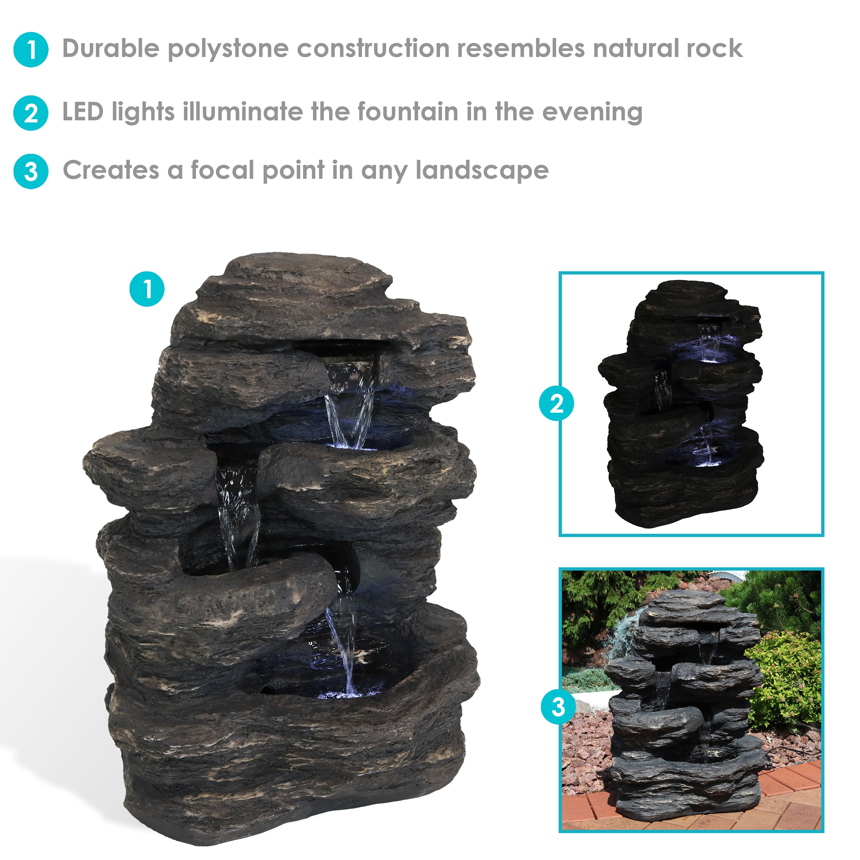 Sunnydaze Rock Falls Outdoor Waterfall Fountain with LED Lights - 24 Inch Garden Water Feature for Patio, Backyard, Landscaping | Relaxing Ambient Lighting for Evenings & Outdoor Decor