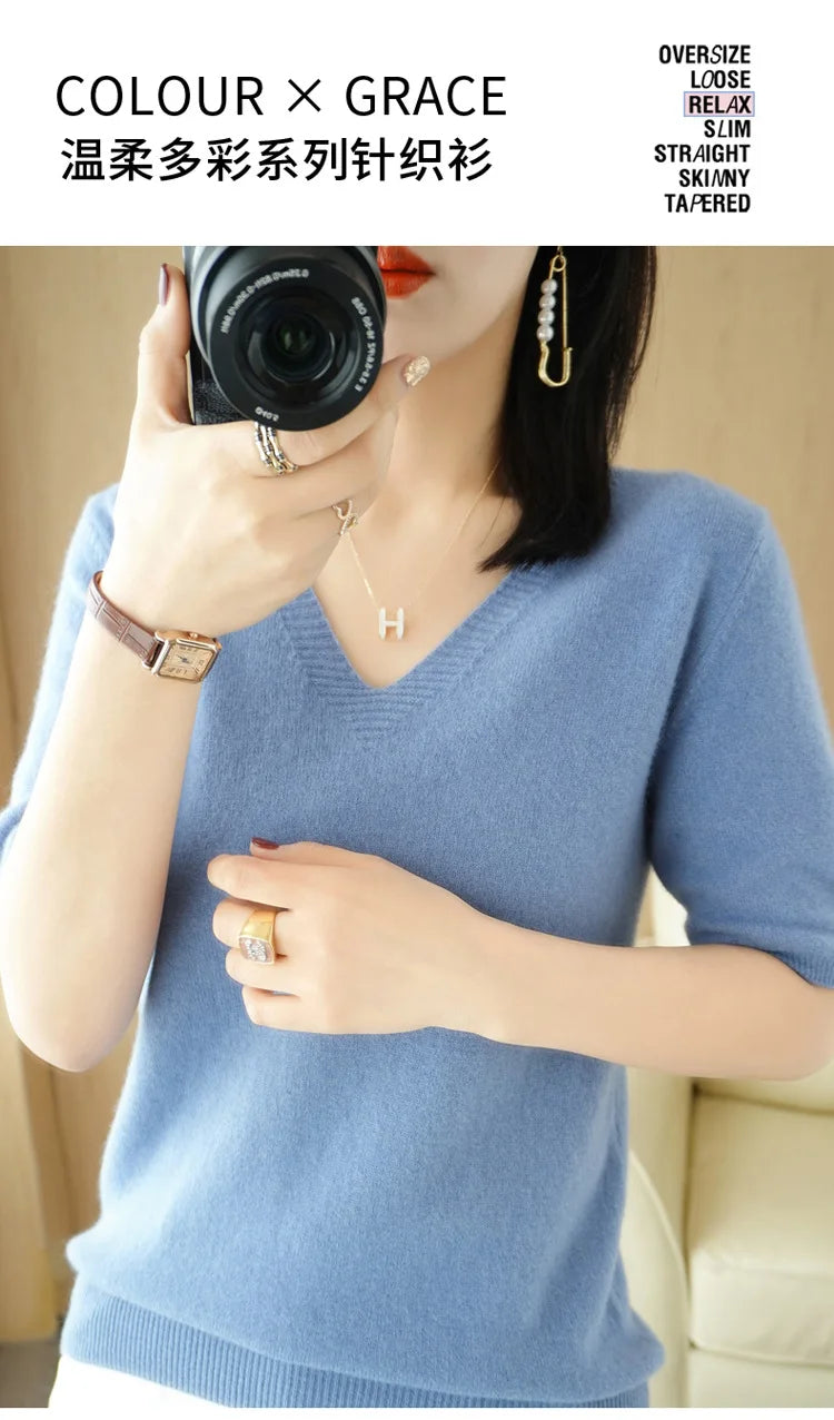 Solid Color V-Neck Half-Sleeve Cashmere Sweater for Women - Soft Thin Knit Casual Top for Office Wear & Fall Layering