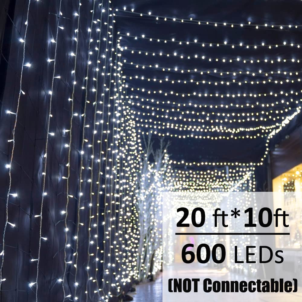 Solhice 600 LED Curtain Lights Outdoor 20ft x 10ft - Cool White String Lights for Wedding Backdrop, Bedroom Decor, Backyard Party & Indoor Holiday Lighting (Not Connectable) - Perfect for Christmas, Halloween, Garden and Home Decoration