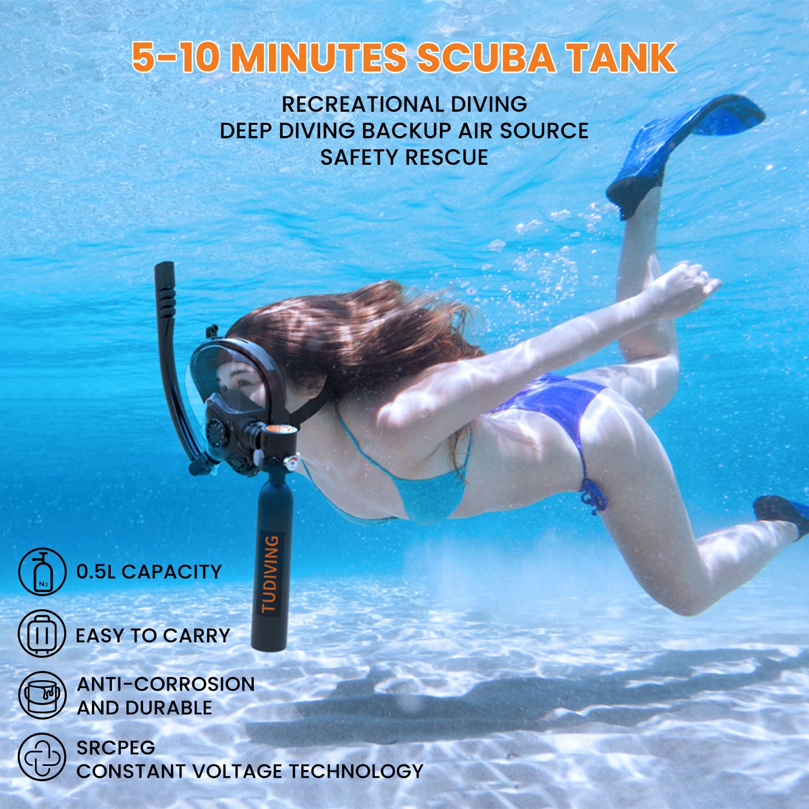 TUDIVING 0.5L Scuba Diving Tank Set with Full Face Snorkel Mask - Portable Mini Oxygen Cylinder for Underwater Diving, Breathing Training & Rescue - Ideal for Travel, Pool Training & Emergency Preparedness