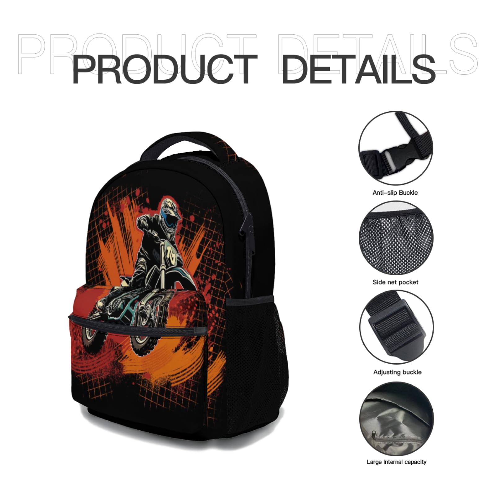 Kawani Motorcycle Graffiti College Backpack for Women & Teens - Dirt Bike Pattern School Bag, Laptop Backpack for Travel, Hiking, Camping, Gym & Daily Use - Perfect for School, Work & Outdoor Adventures
