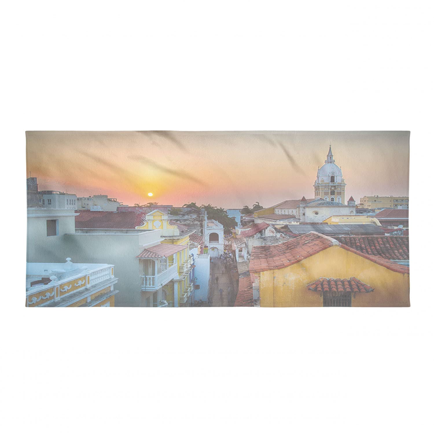Ambesonne Sunset Hiking Towel - Quick Dry Soft Lightweight Microfiber Travel Towel with Old City Colombian Coast View - Perfect for Camping, Backpacking, Beach & Outdoor Sports - Multicolor Design