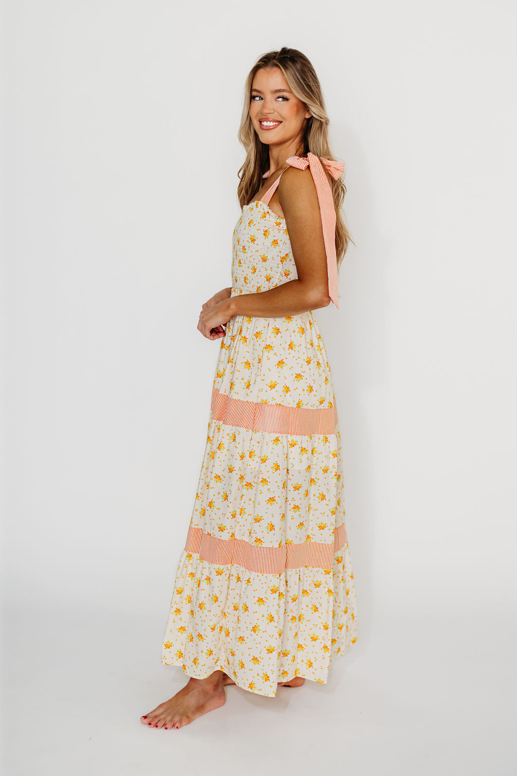 Vida Floral Maxi Dress for Women - Flowy Summer Beach Dress in White & Orange | Boho Chic Wedding Guest Dress, Vacation Dress, Tropical Party Outfit