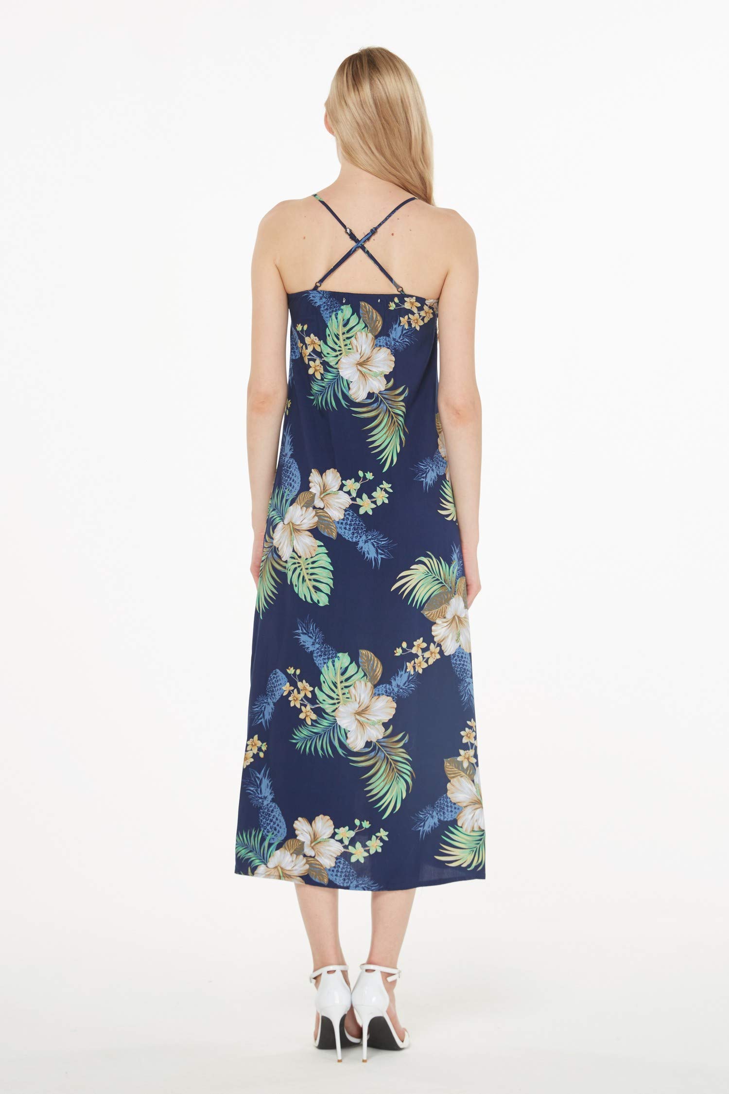 Women's Hawaiian Luau Pineapple Print Maxi Dress - Navy Blue Sweetheart Neckline Summer Beach Party Dress for Vacation, Luau Party & Tropical Getaway