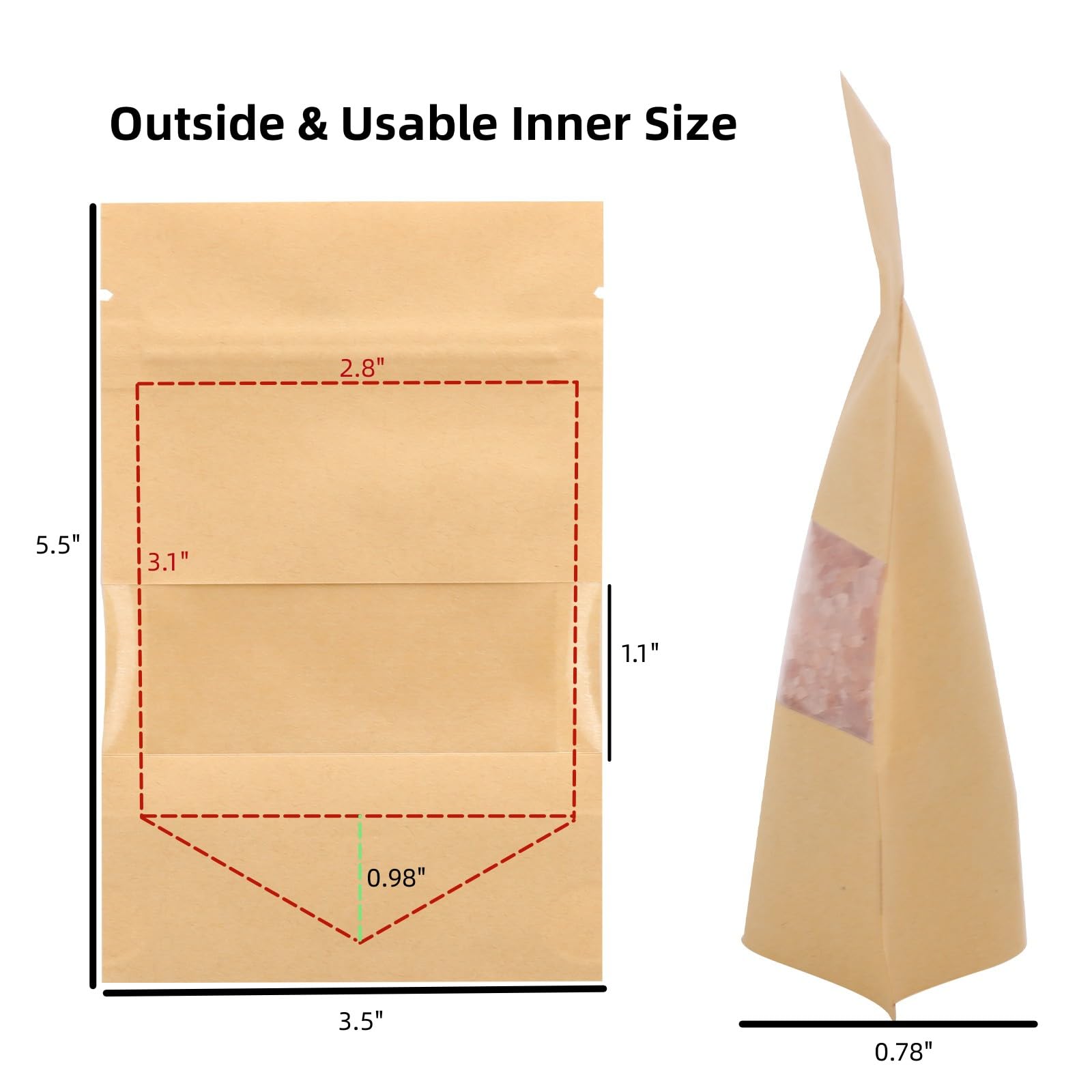 100pcs 3.5 x 5.5 Inch Kraft Paper Stand Up Ziplock Bags with Window - Eco-Friendly Food Storage Pouches for Cookies, Snacks, Tea, Candy | Perfect for Bakery, Party Favors & Gift Packaging