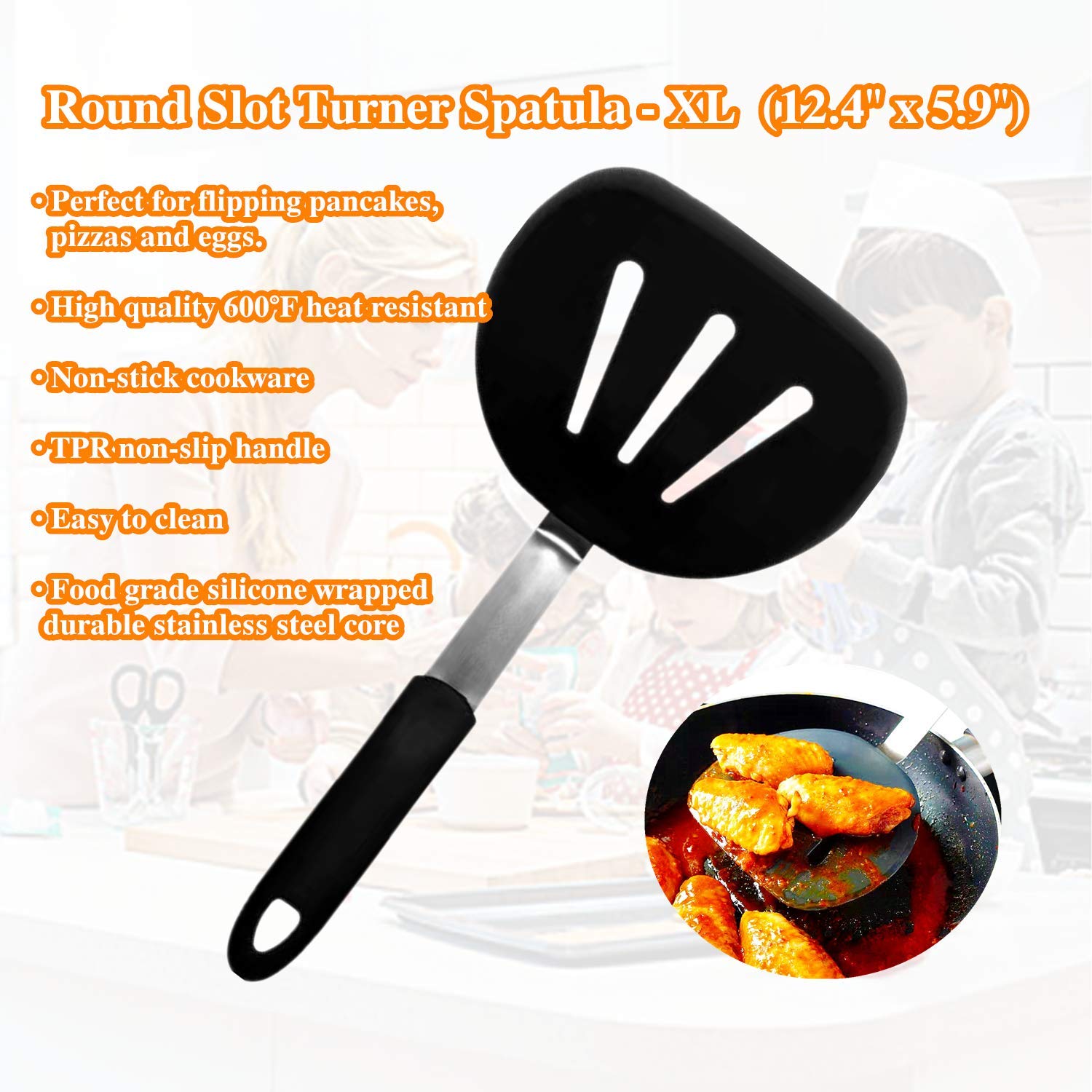3-Pack Heat Resistant Silicone Spatulas (600°F) - Nonstick Cookware Turner, Fish Spatula, Pancake & Egg Flipper - Dishwasher Safe Kitchen Utensils for Baking, Frying, and Cooking - Easy to Clean