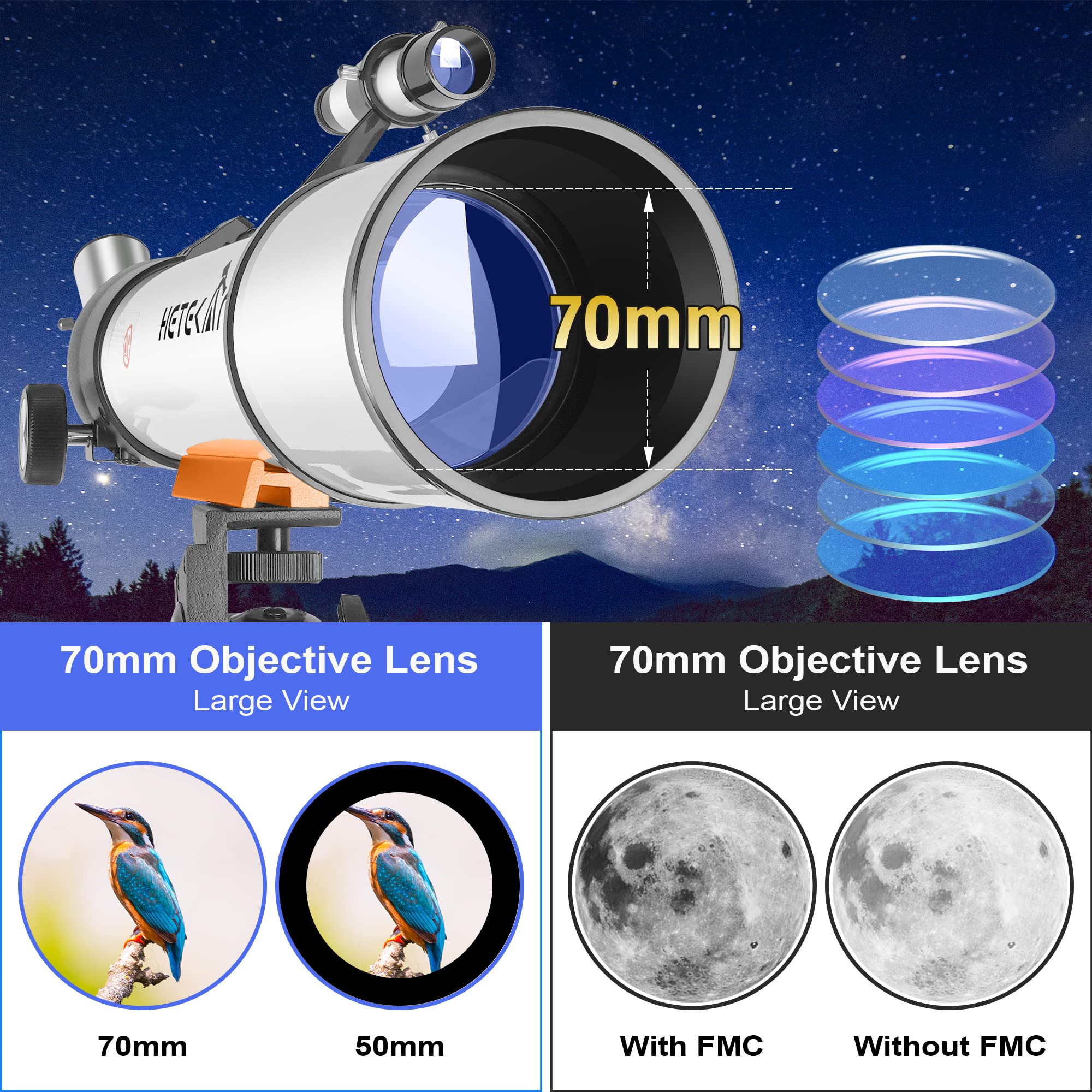 70mm Aperture 500mm Astronomical Telescope for Adults & Kids (25X-150X Magnification) - Portable Refractor Telescope with Smartphone Adapter for Moon, Planets & Stargazing - Perfect for Backyard Astronomy, Camping & Science Learning