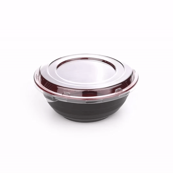 34oz Round Black & Red Plastic Panda Bowl with Clear Lid - Microwave Safe Asian Style Serving Bowl (7.25