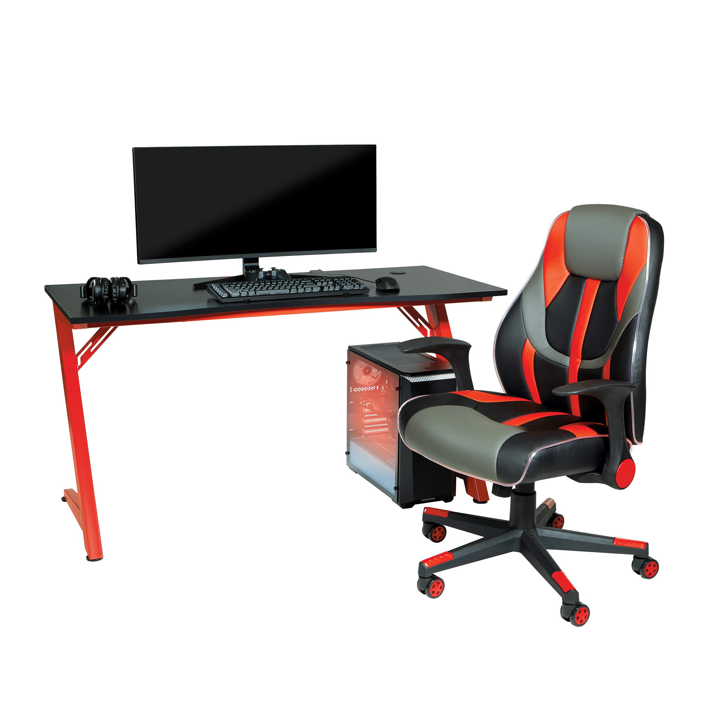 OSP Home Furnishings Beta Battlestation Gaming Desk with Bluetooth RGB LED Lights, Matte Red - Ergonomic Computer Desk for Streaming & Esports - Perfect for Gaming Setup, Home Office & Workstation