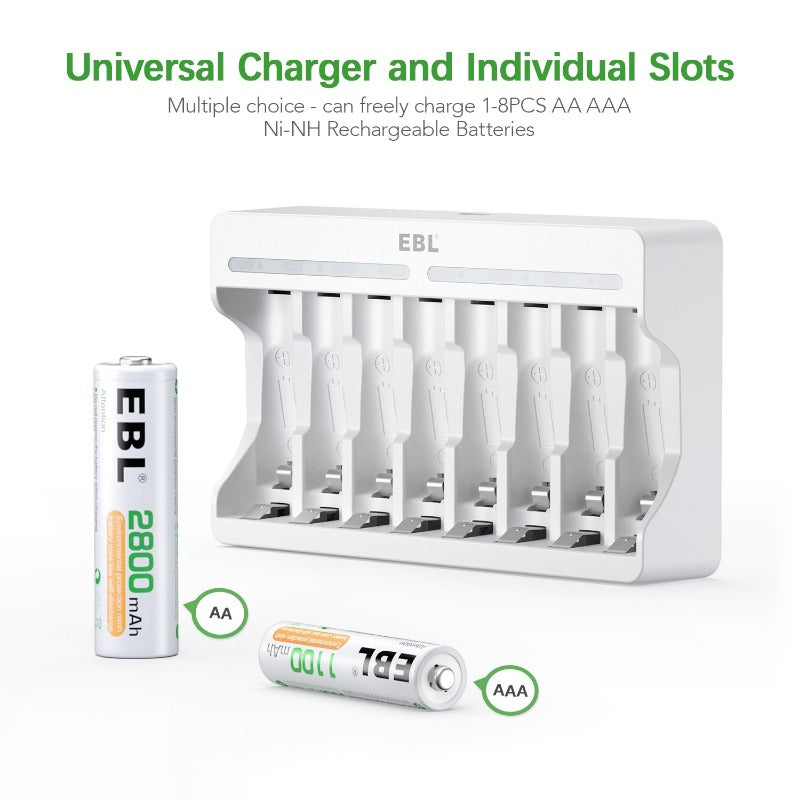 EBL AA AAA Rechargeable Batteries with 8 Bay Fast Charger - High Capacity NiMH Battery Pack for Digital Cameras, Game Controllers & Wireless Devices