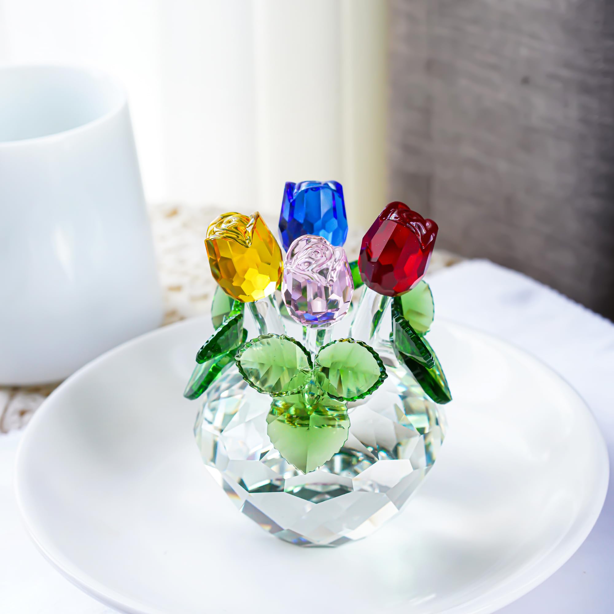 H&D HYALINE & DORA Crystal Rose Figurines - Elegant Glass Flower Bouquet Collectible for Women | Romantic Anniversary Gift with Gift Box | Perfect for Wedding Decor, Home Display & Valentine's Day Presents