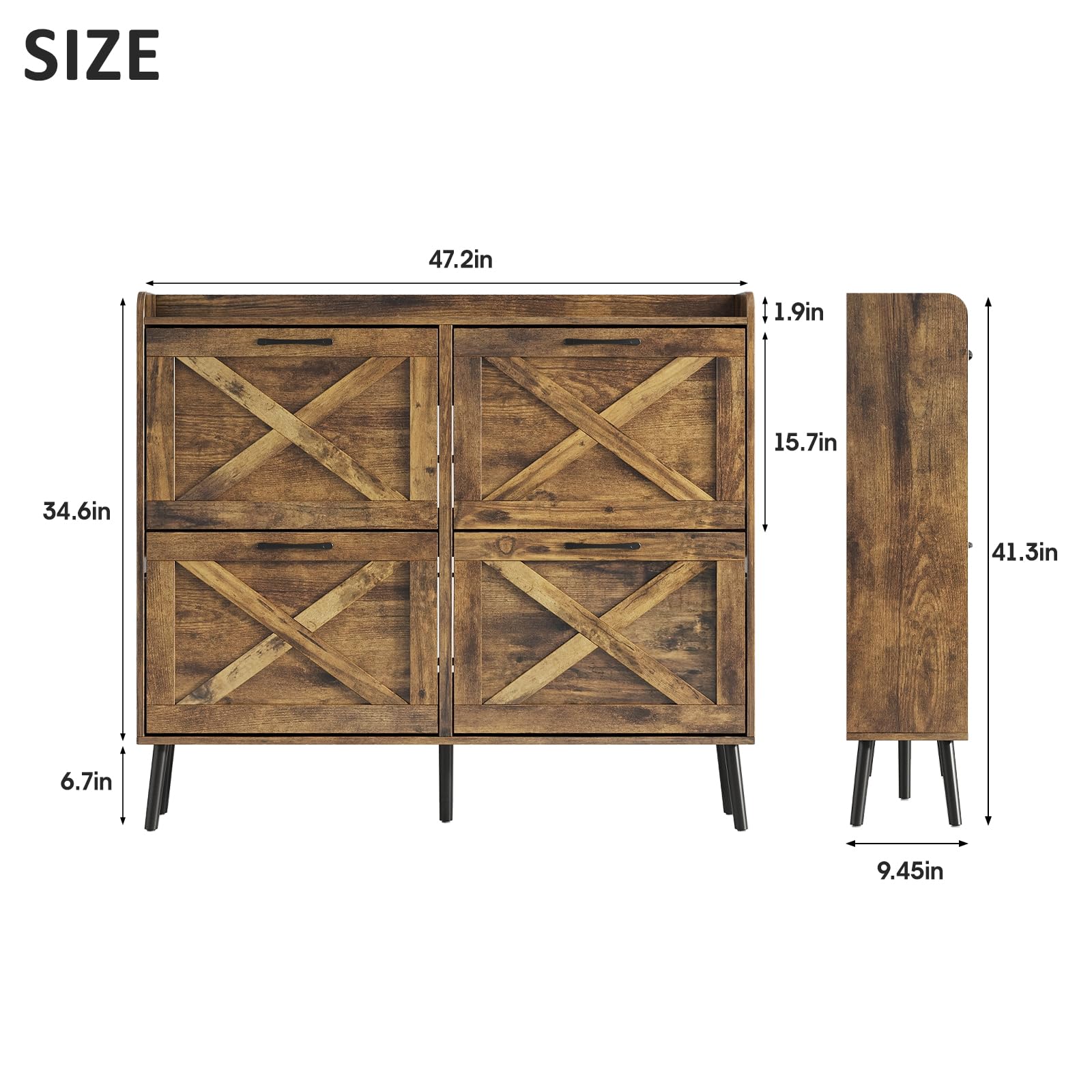 Maupvit 4-Tier Shoe Storage Cabinet with Flip Drawers - Freestanding Entryway Shoe Organizer with Metal Brackets, Narrow Shoe Rack for Small Spaces, Rustic Brown Finish (Perfect for Apartments, Hallways & Closets)