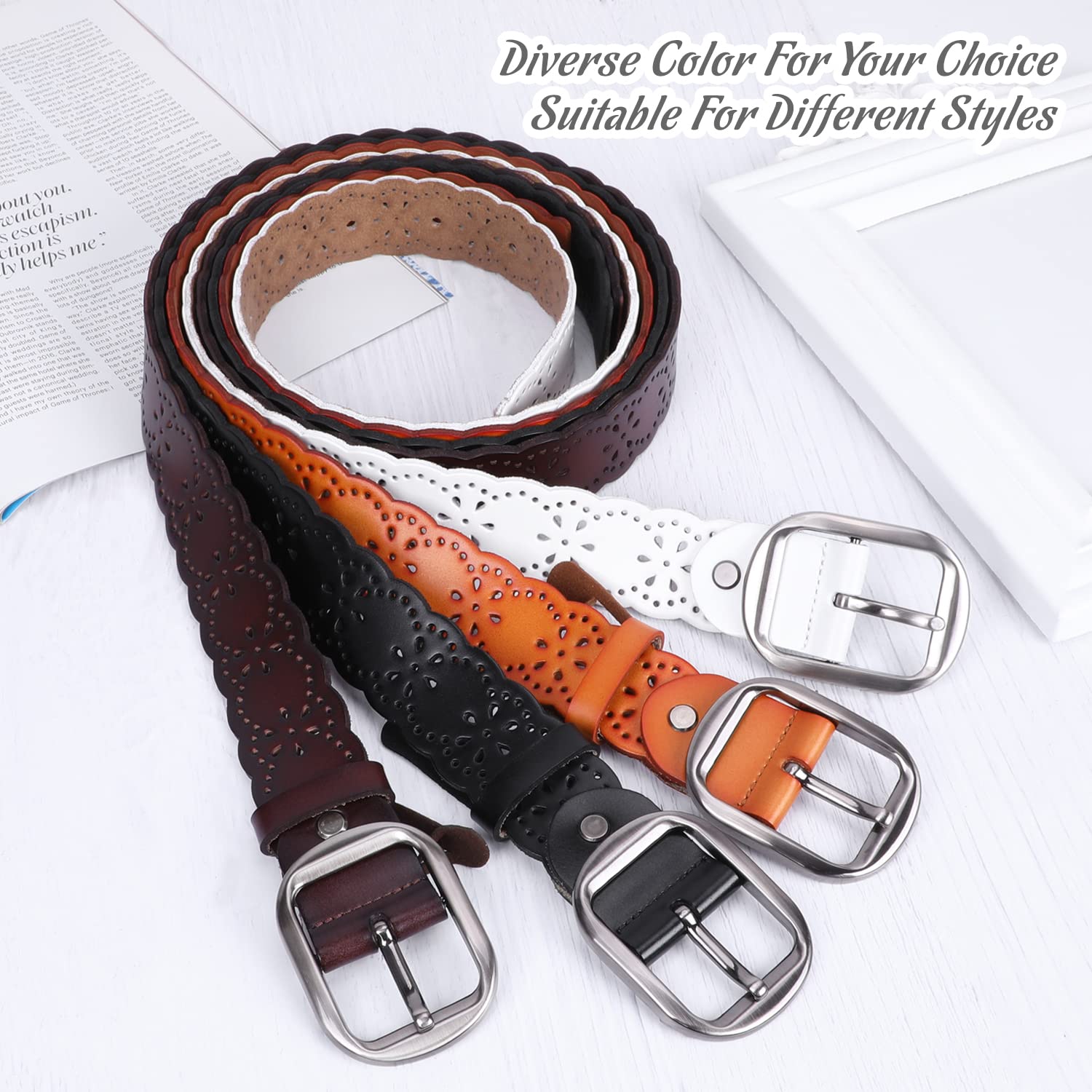 JASGOGOD Women's Genuine Leather Wide Belt - Hollow Flower Design Fashion Belt for Jeans & Pants - Perfect for Casual Outfits, Office Wear & Date Night Looks