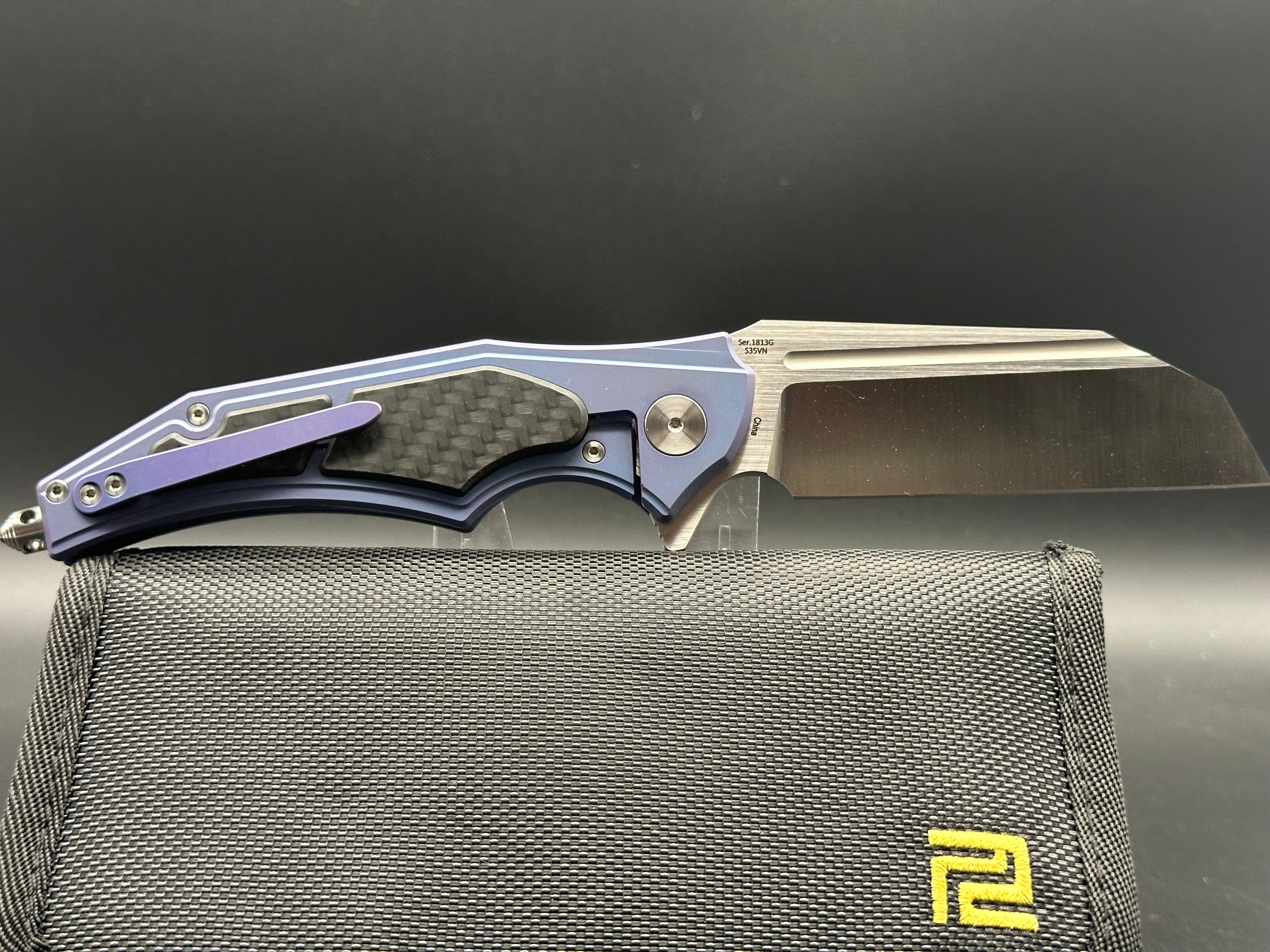 Artisan Cutlery Apache S35VN Wharncliffe Folding Knife - Satin Finish, Blue Titanium Handle with Carbon Fiber Inlays - EDC, Outdoor, Camping & Survival Tool
