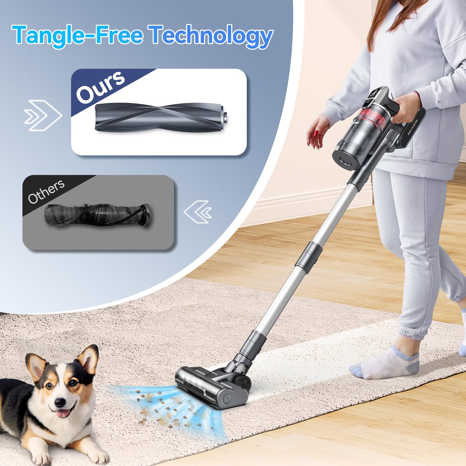 Powerful 8-in-1 Cordless Stick Vacuum Cleaner with Auto Mode, 60 Min Runtime & Anti-Tangle Tech - LED Display Rechargeable Vacuum for Hard Floors, Carpets & Pet Hair - Perfect for Home Cleaning & Pet Owners