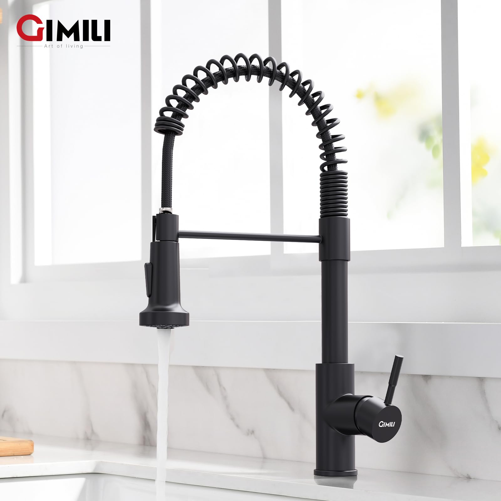 GIMILI Black Commercial Kitchen Faucet with Pull Down Sprayer - Single Handle Spring Kitchen Sink Faucet - Matte Black Stainless Steel Water Tap for Restaurant & Home Use