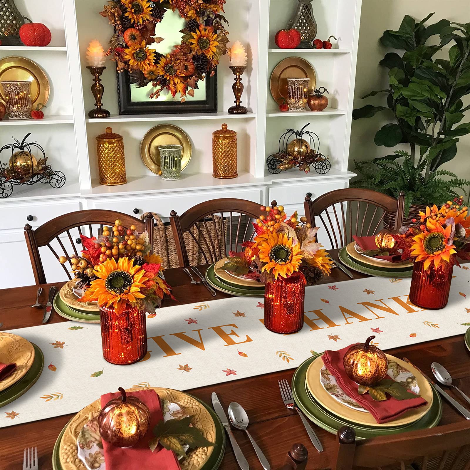 Pumpkin Sunflower Autumn Table Runners 36 Inches Long Washable Black White Buffalo Plaid Thanksgiving Table Runner for Round Table Kitchen Coffee Dining End Table Living Room Use, Perfect for Fall Decor and Holiday Gatherings