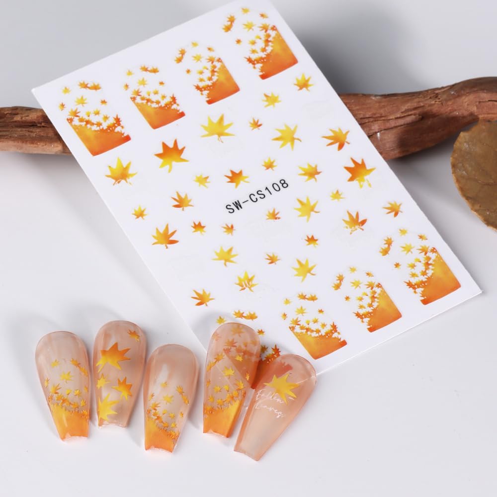 **Fall Nail Stickers - 8 Sheets Autumn Nail Decals with 3D Self-Adhesive Maple Leaf, Ginkgo & Gold Yellow Leaves - Acrylic Nail Art Designs for Women, Girls & Kids - Perfect for Thanksgiving, Halloween & Seasonal Manicures**